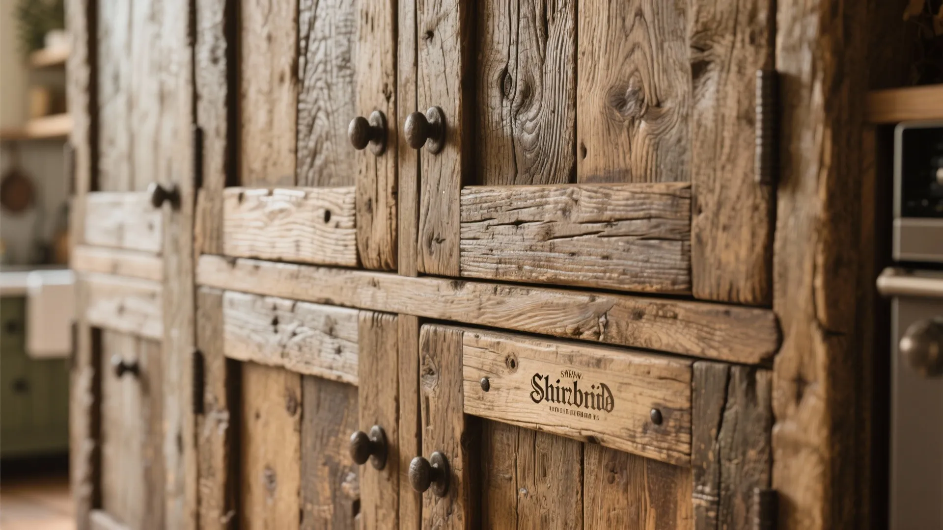 Close up view of textured rustic wood kitchen cabinets with dark round knobs and hinges