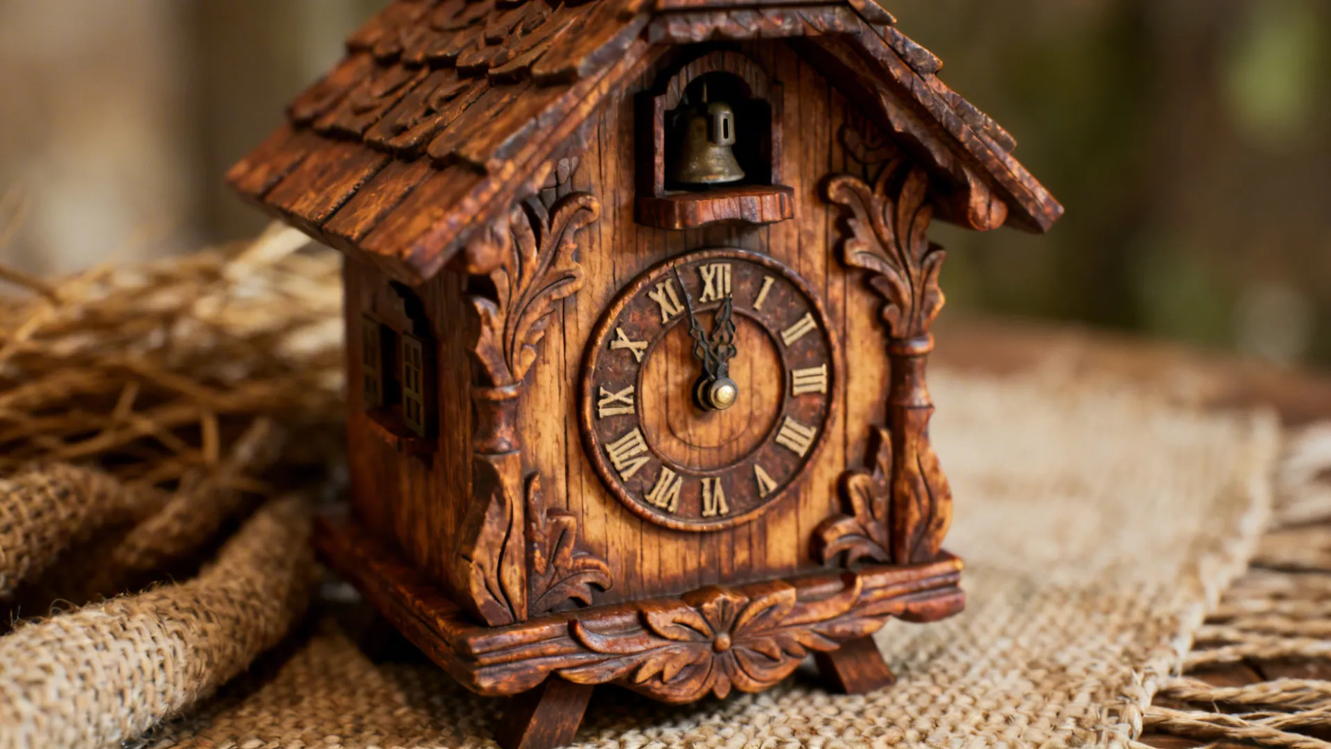 Close-up of a carved rustic wooden cuckoo-style clock showing detailed wood grain