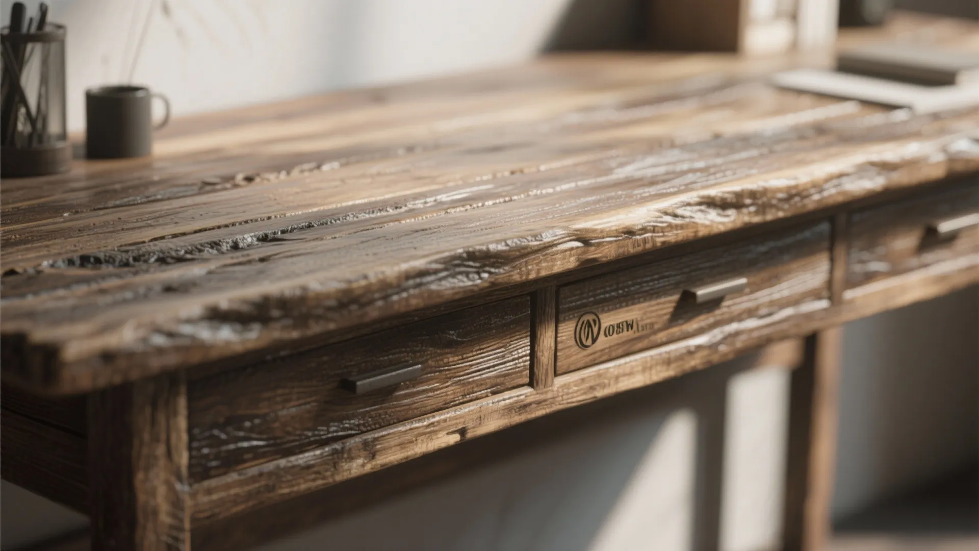 Rustic wooden desk with metal handles and natural textured surface in a bright and sunny room