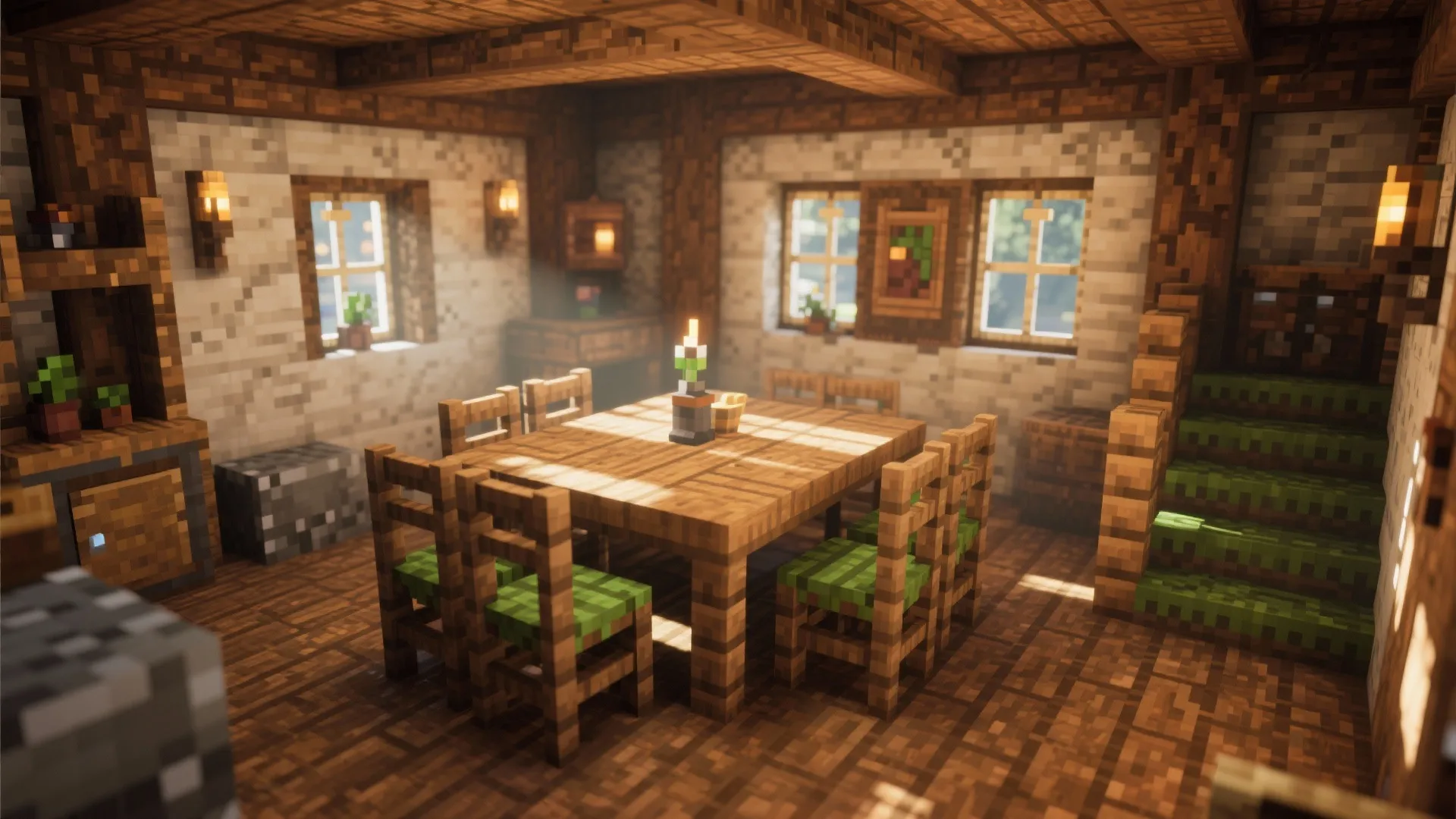 Rustic pixel art dining room featuring a wooden table chairs green cushions windows and warm sunlight