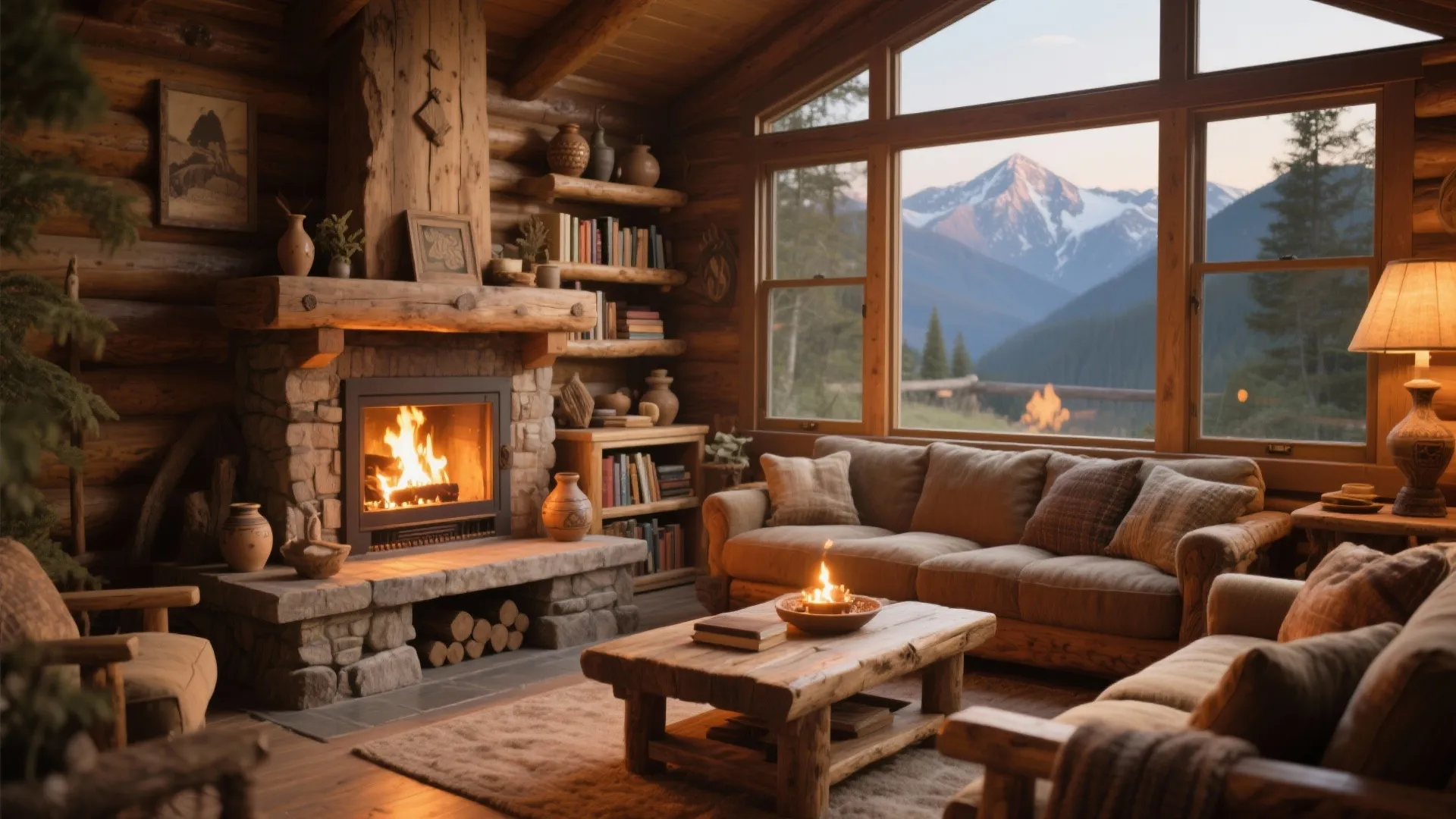 Rustic living room with reclaimed wood fireplace and TV