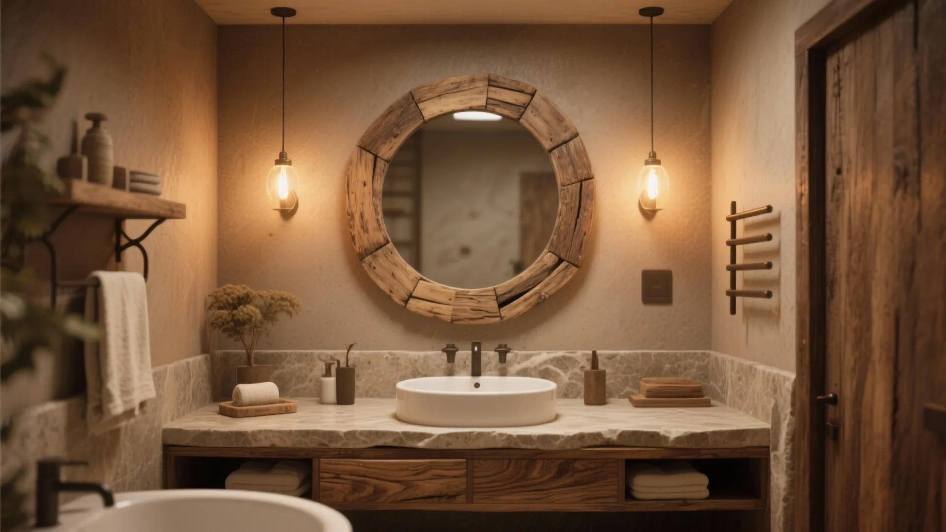 Rustic bathroom with round wood mirror white sink marble counter light fixtures and warm lighting design