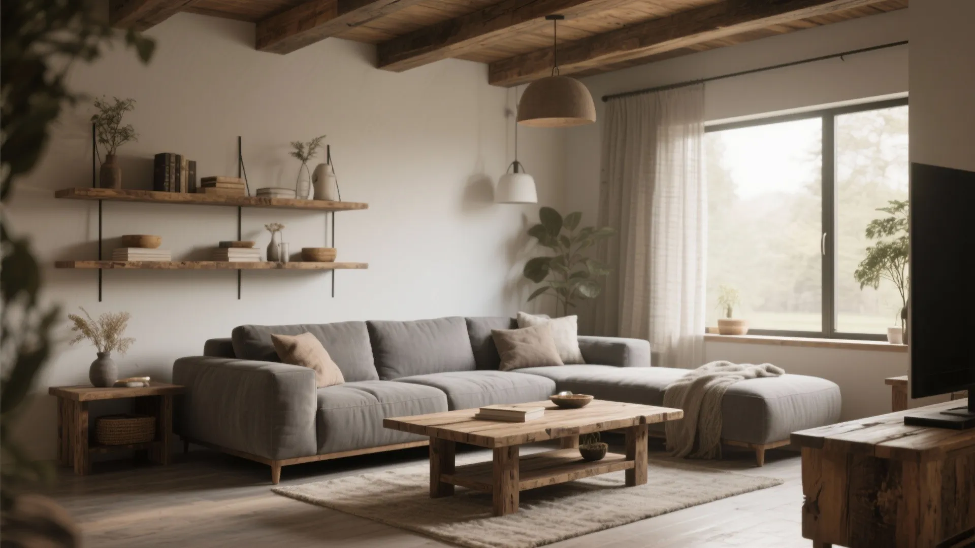 Grey sofa with reclaimed wood furniture in rustic style