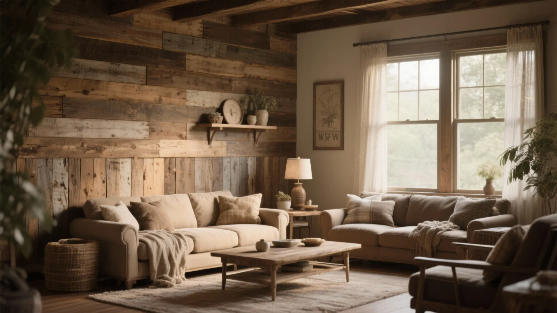 Rustic living room with reclaimed wood wall, brown sofa, wooden coffee table, and large window