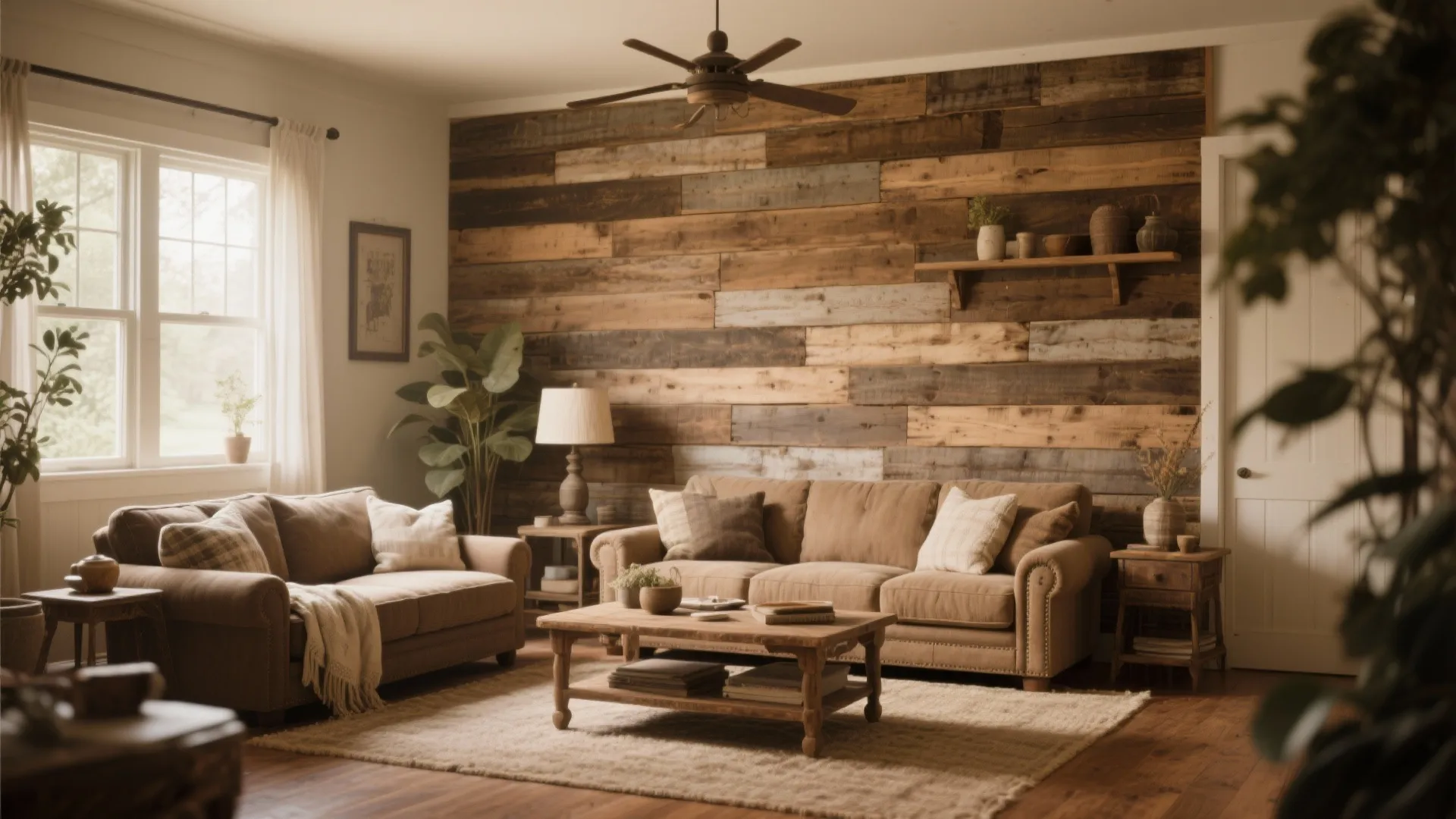 Rustic living room featuring brown sofa wood wall panel ceiling fan and large window with curtains