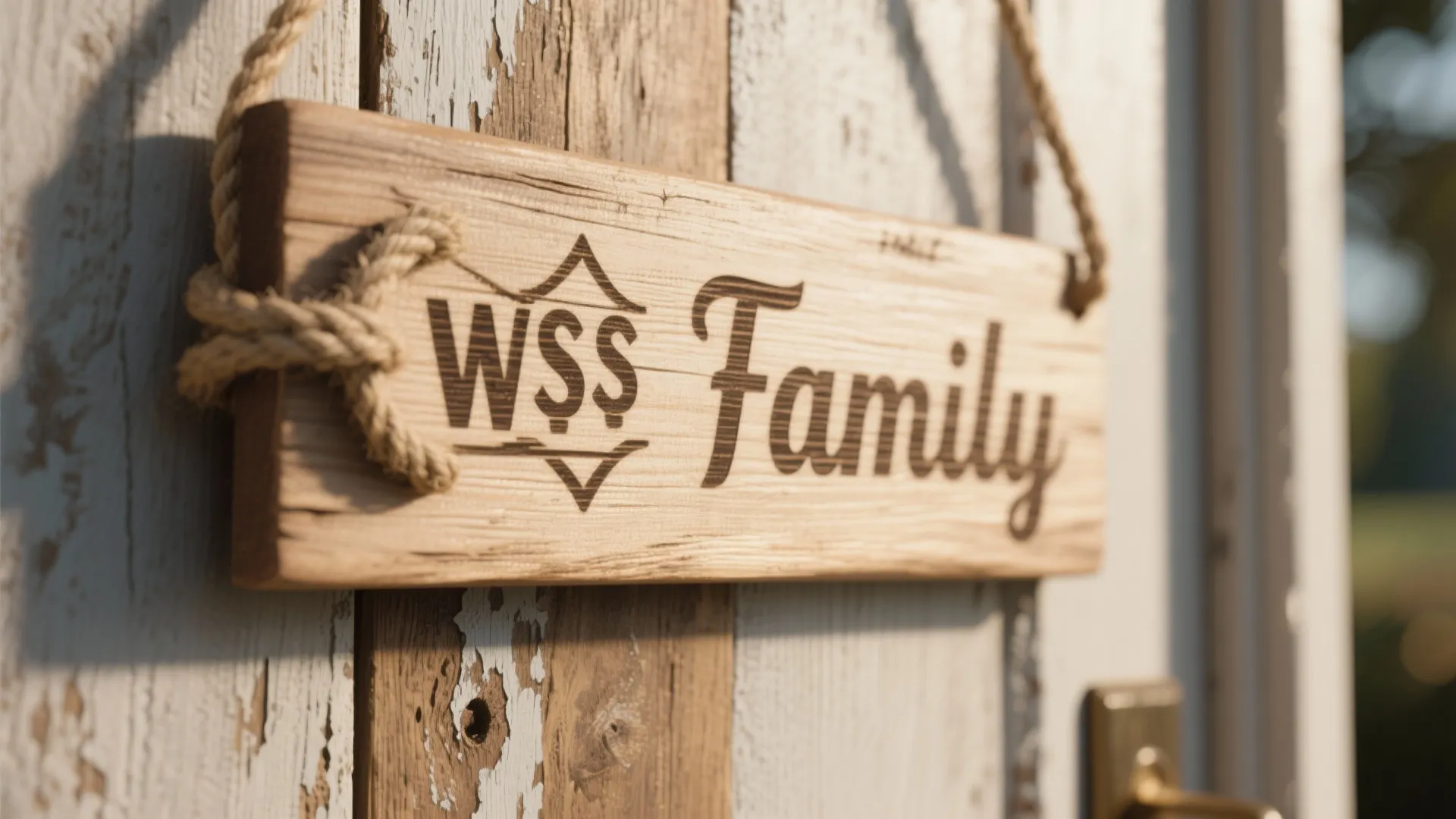 Close-up of a sanded wooden door plaque with a stenciled name and jute rope, showing varnished wood grain and texture.