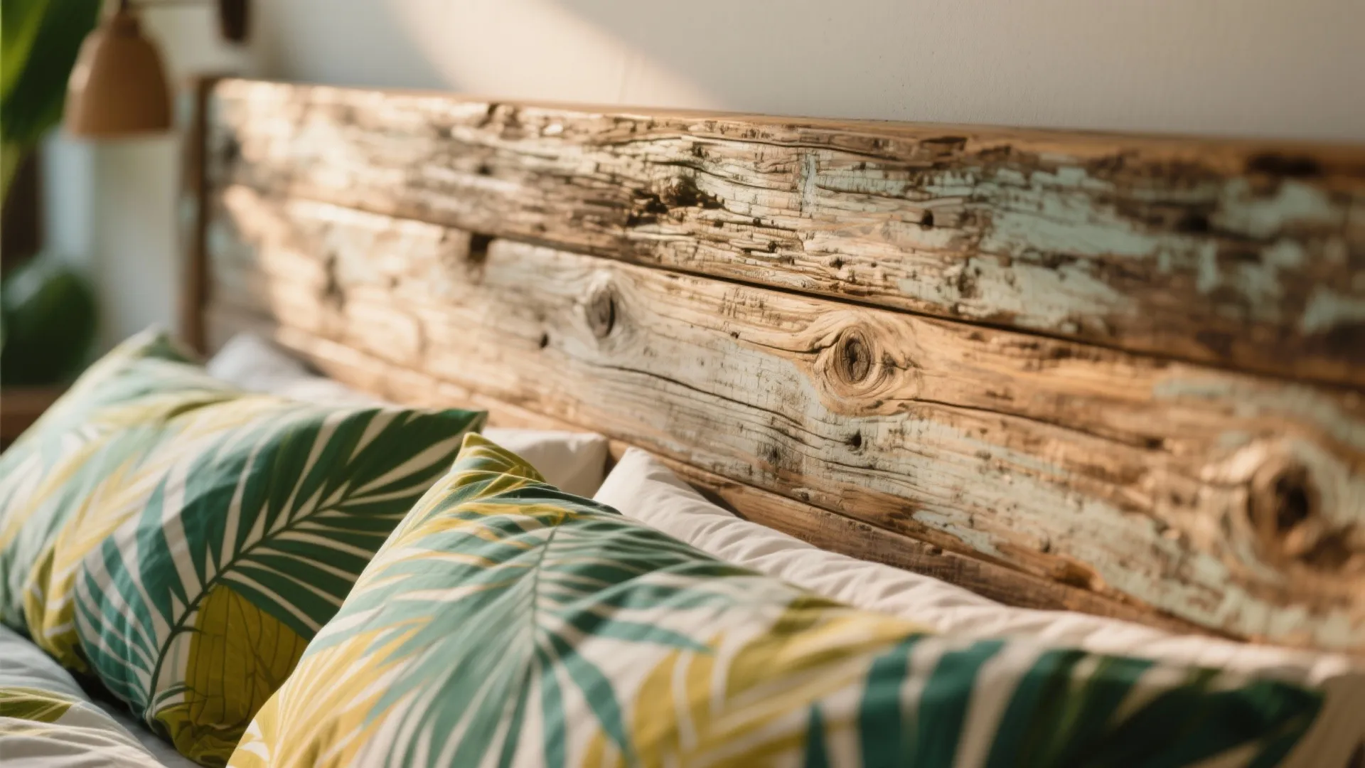 Rustic reclaimed wood headboard behind bed with green tropical leaf pattern pillows and soft lighting