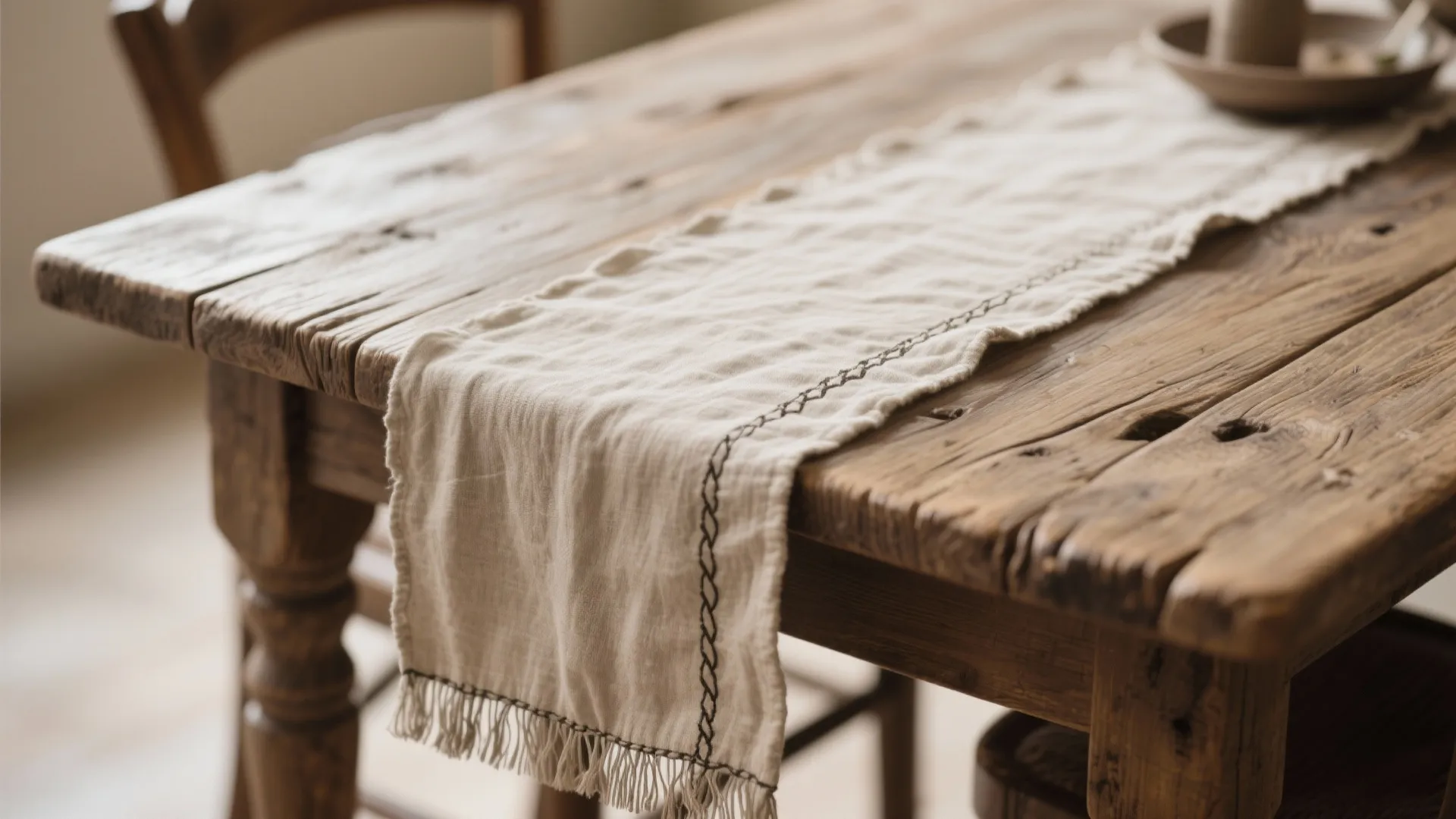 1. Mix Rustic Wood with Soft Linen