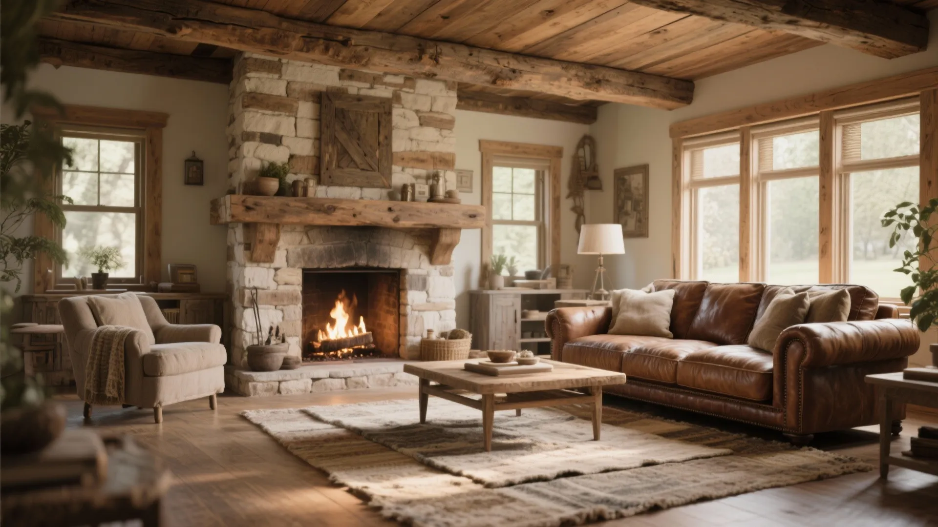5. Rustic Mantel with Natural Wood Beam