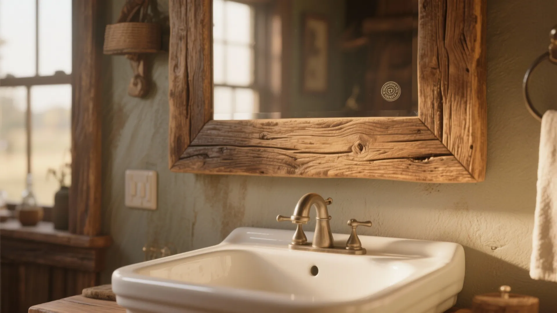 Rustic bathroom close up with white ceramic sink metal water tap and reclaimed wood mirror