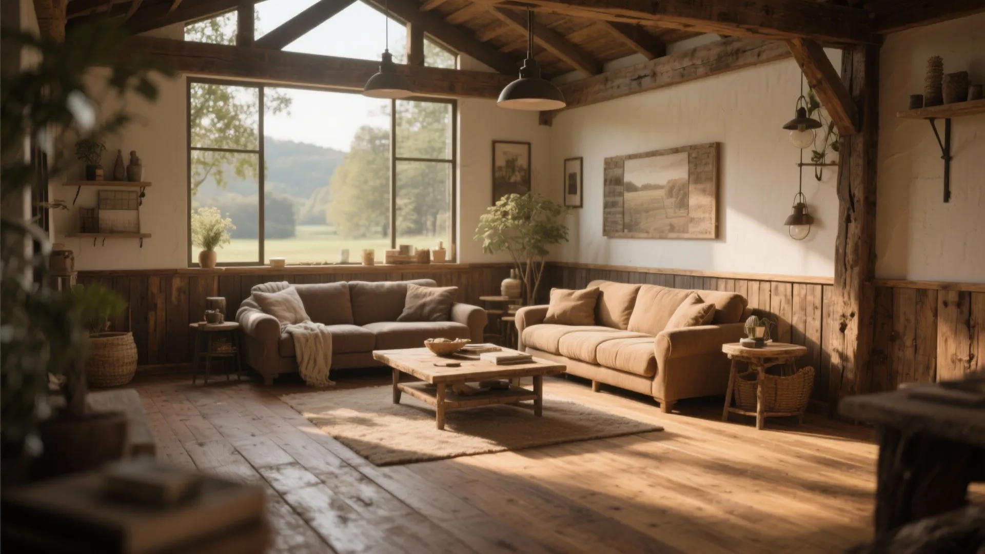 Rustic wooden living room with exposed ceiling beams plus brown sofas and large glass windows