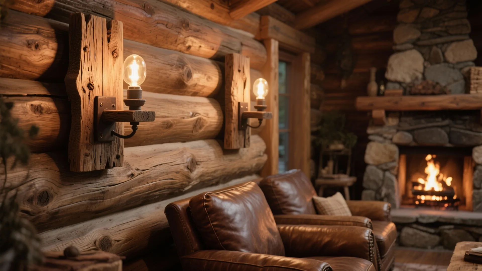 Rustic log cabin interior with two wood wall light fixtures beside a stone fireplace area