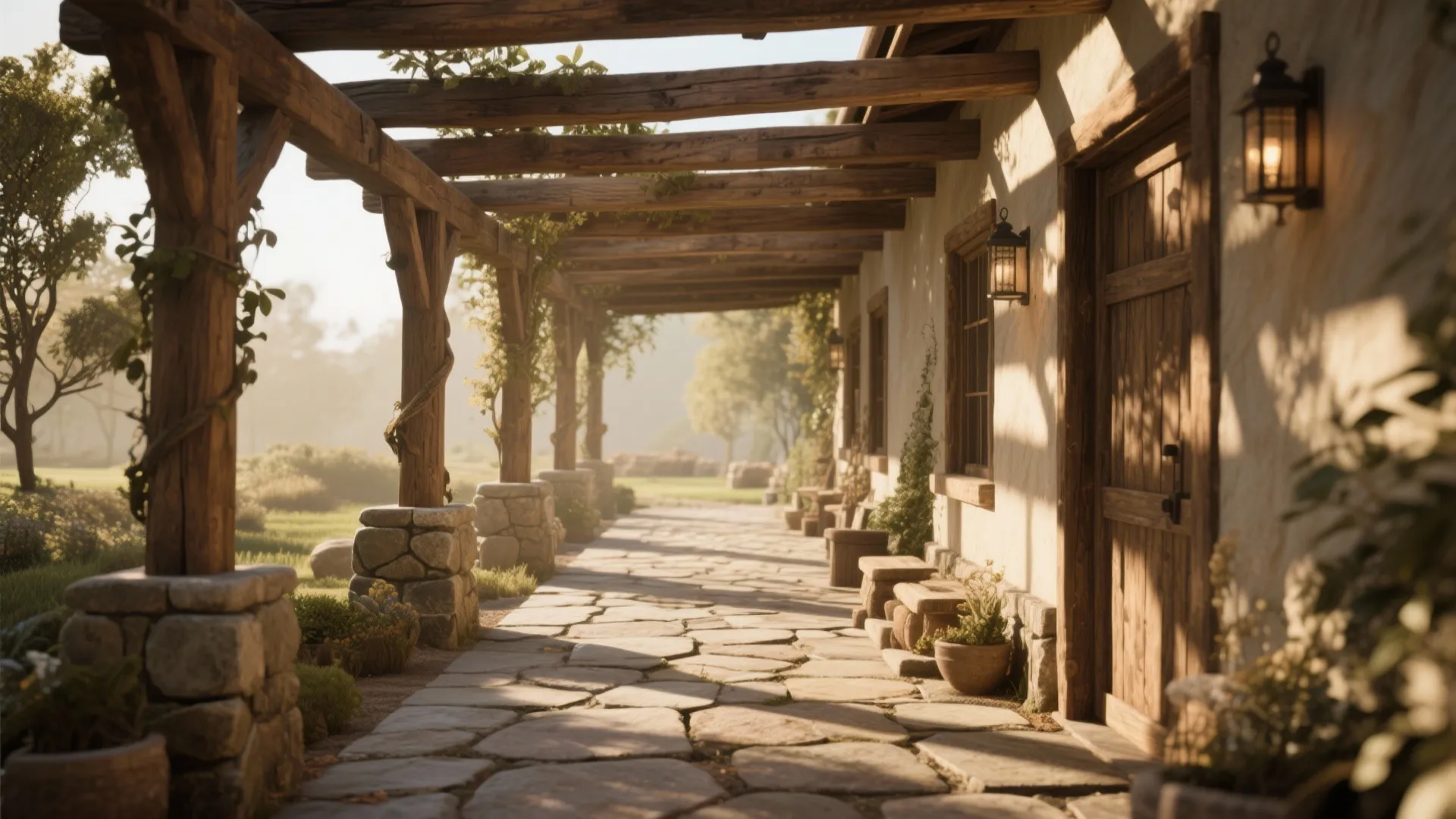 Rustic breezeway with wood pergola and stone floor