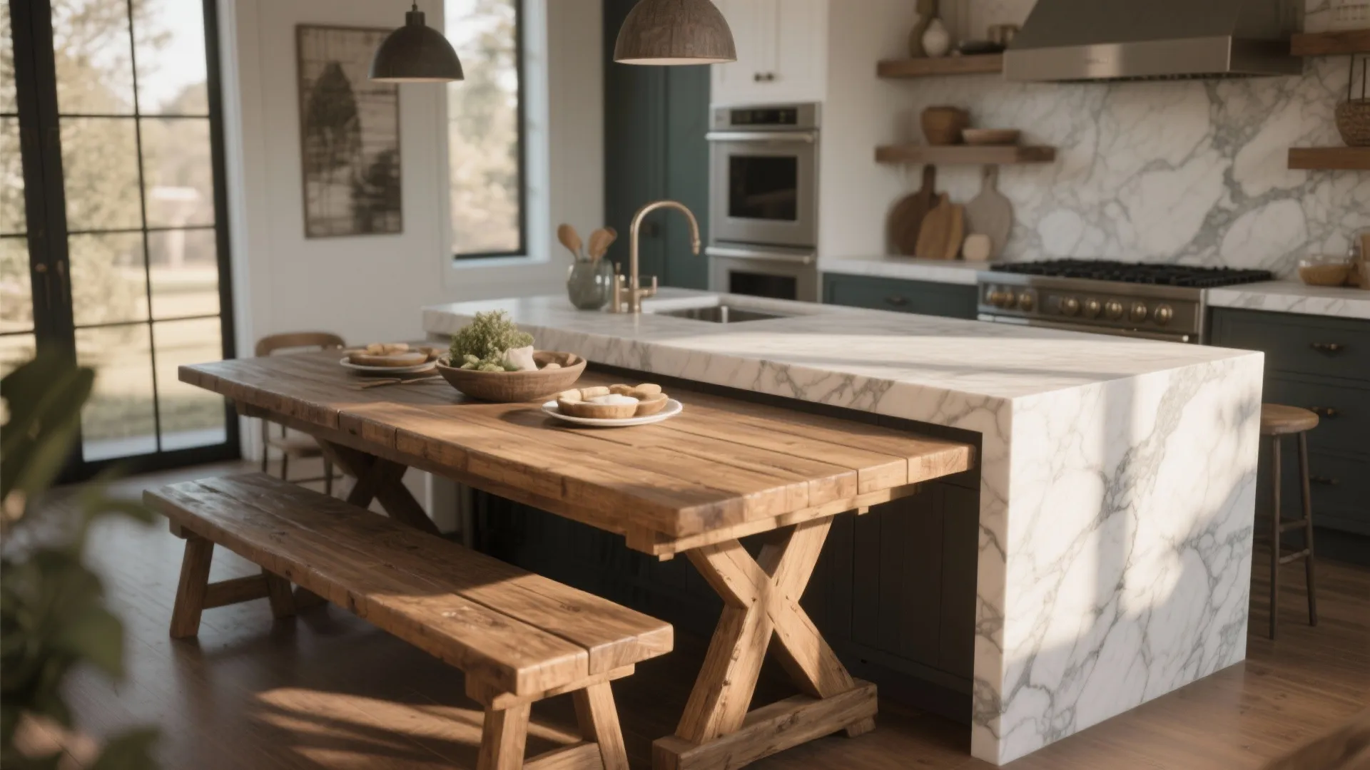 Kitchen island with rustic wood dining and stone prep area