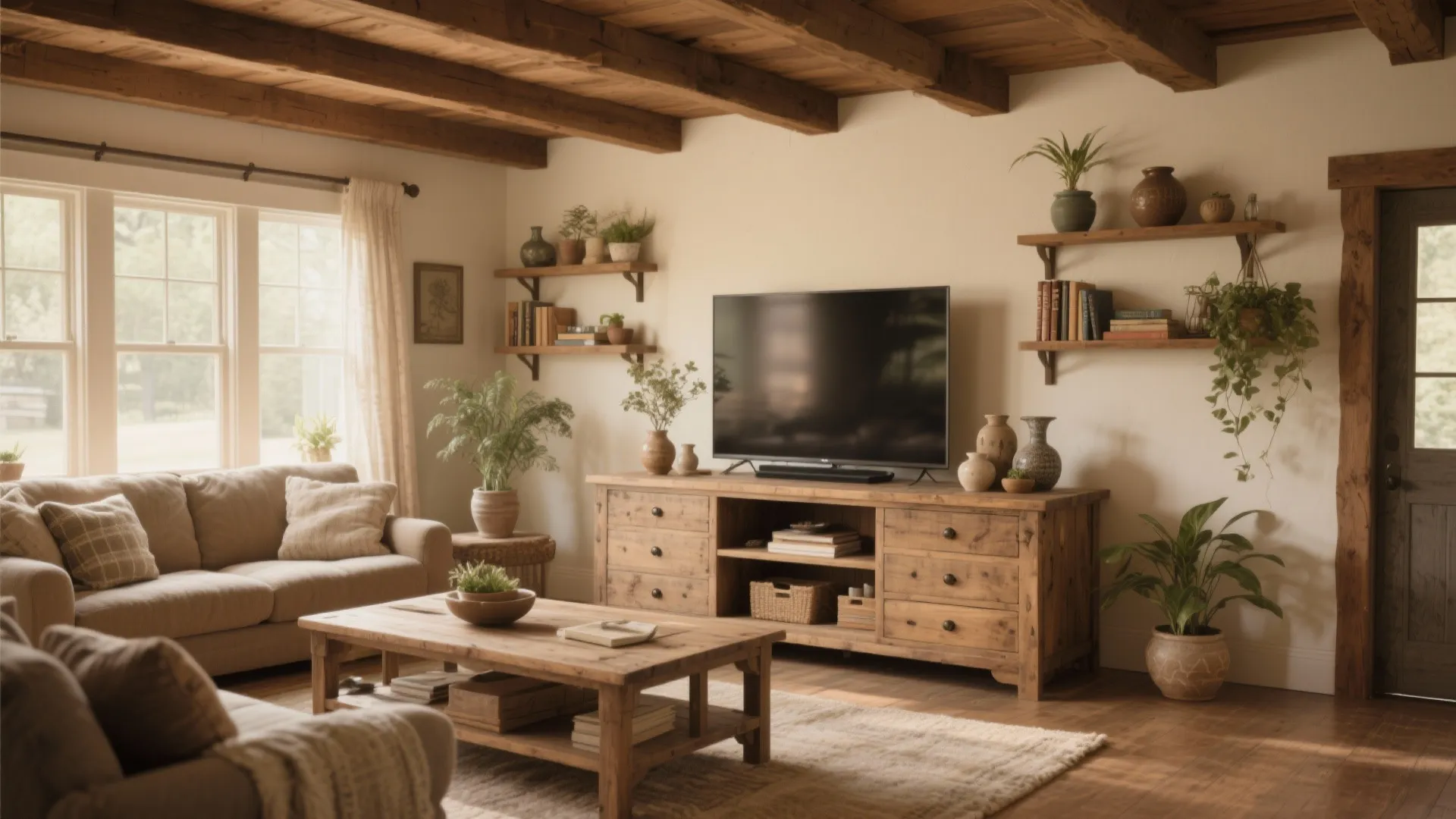 Farmhouse style living room with rustic wood TV stand and storage
