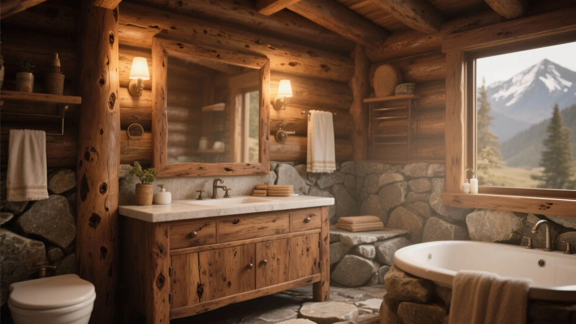 Rustic bathroom with wood log walls stone tiles a wooden cabinet white tub and wall light