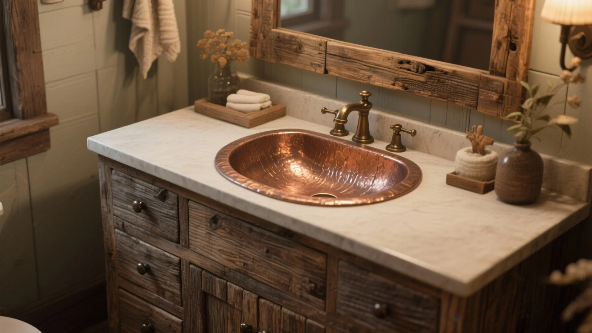 Rustic bathroom with copper sink on marble countertop and vintage wood cabinet with mirror above