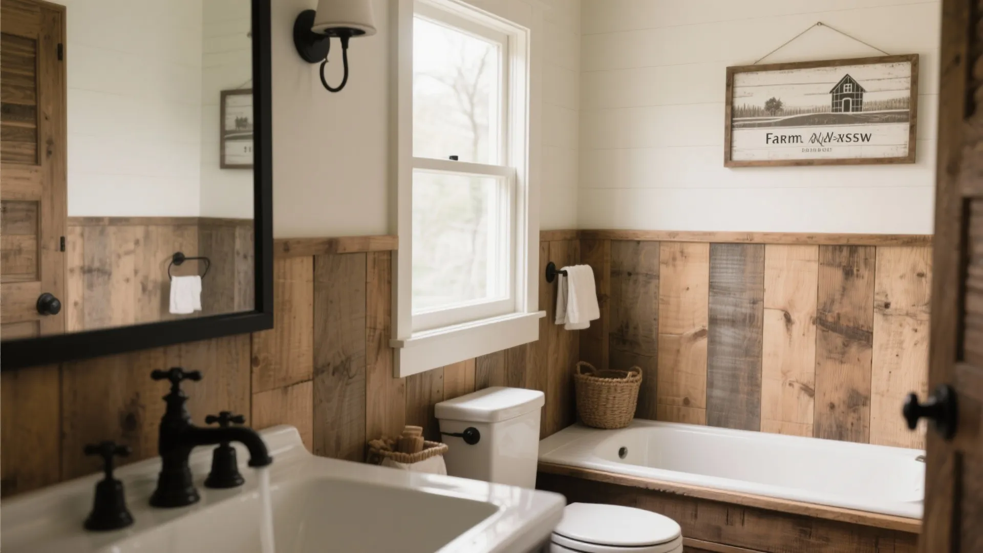 Rustic bathroom with wood wall panel bathtub white sink mirror wall light and farmhouse wall art
