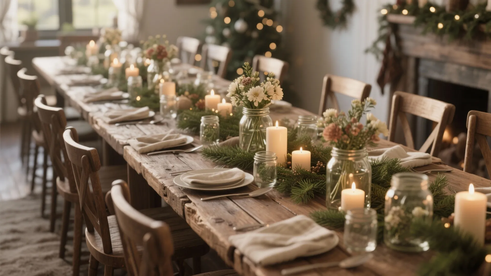 Long wooden dining table set with white candles green branches flowers and simple wood chairs