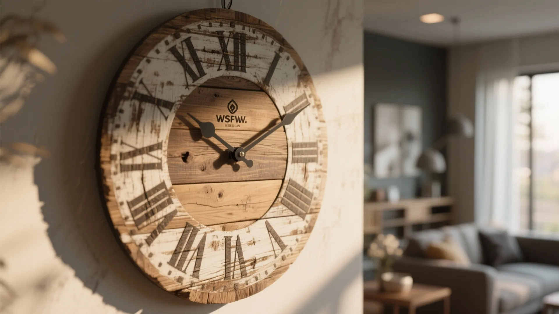 Close-up of rustic wooden wall clock with distressed finish
