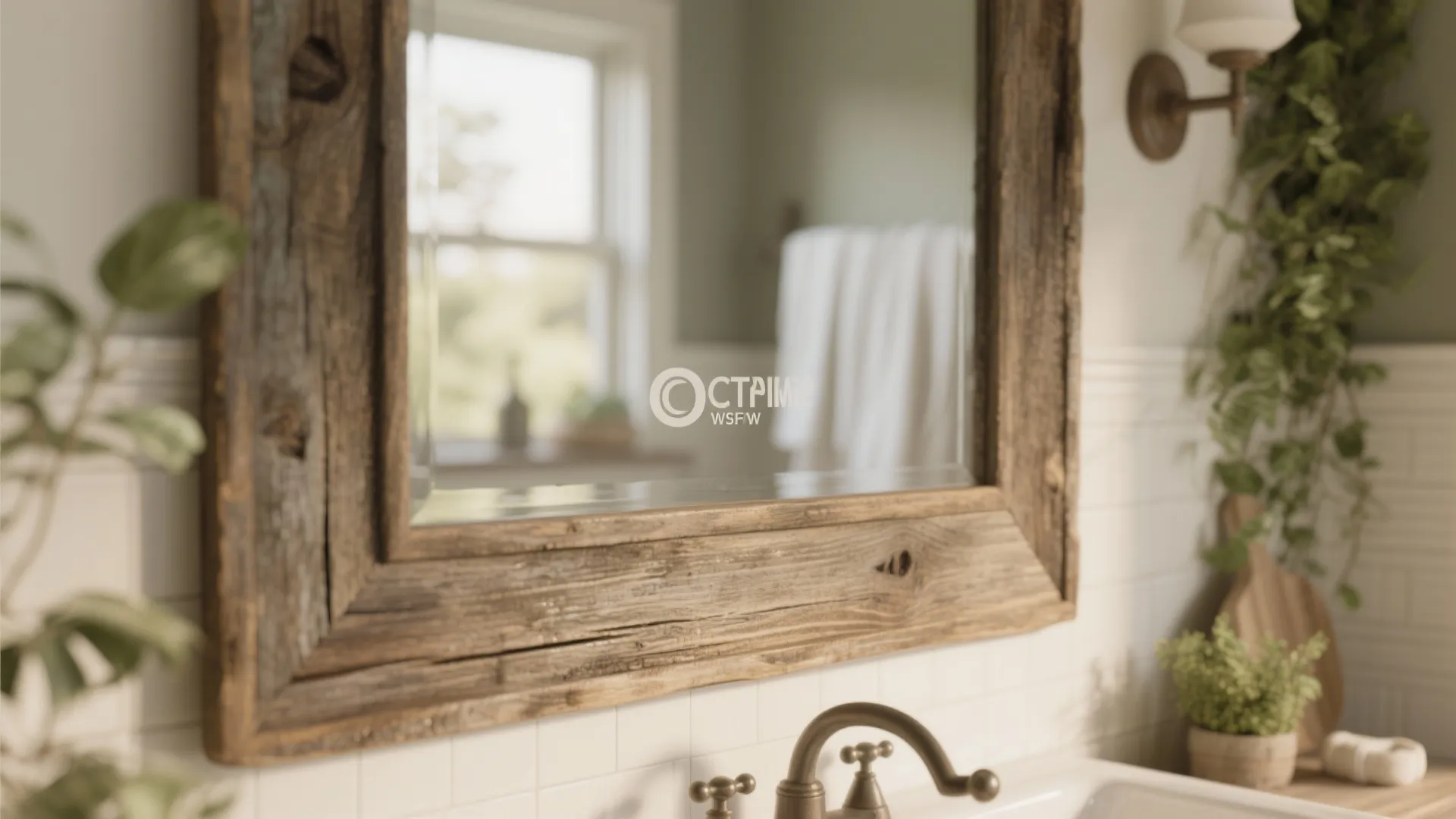 Rustic wooden frame mirror in a bright bathroom with white tiles and green plants background