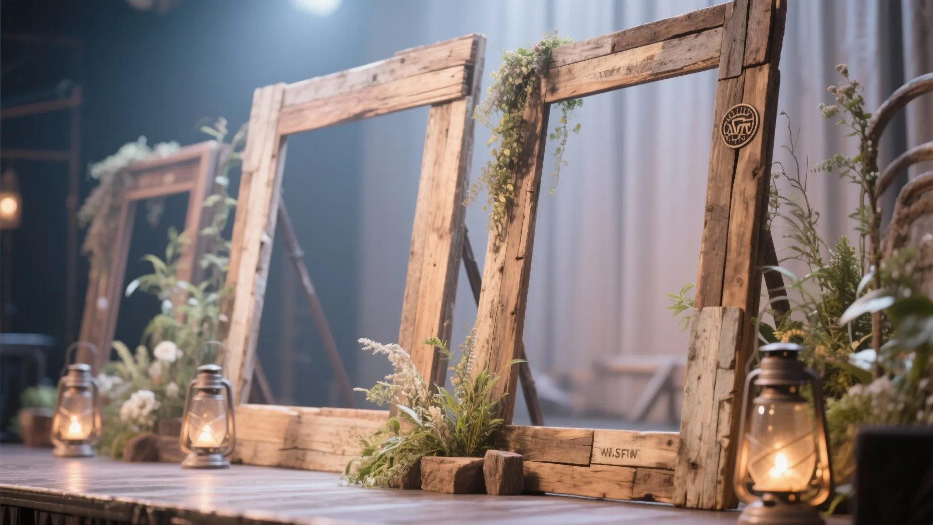 Rustic wooden picture frames on a floor with small oil lamps and green leafy plants