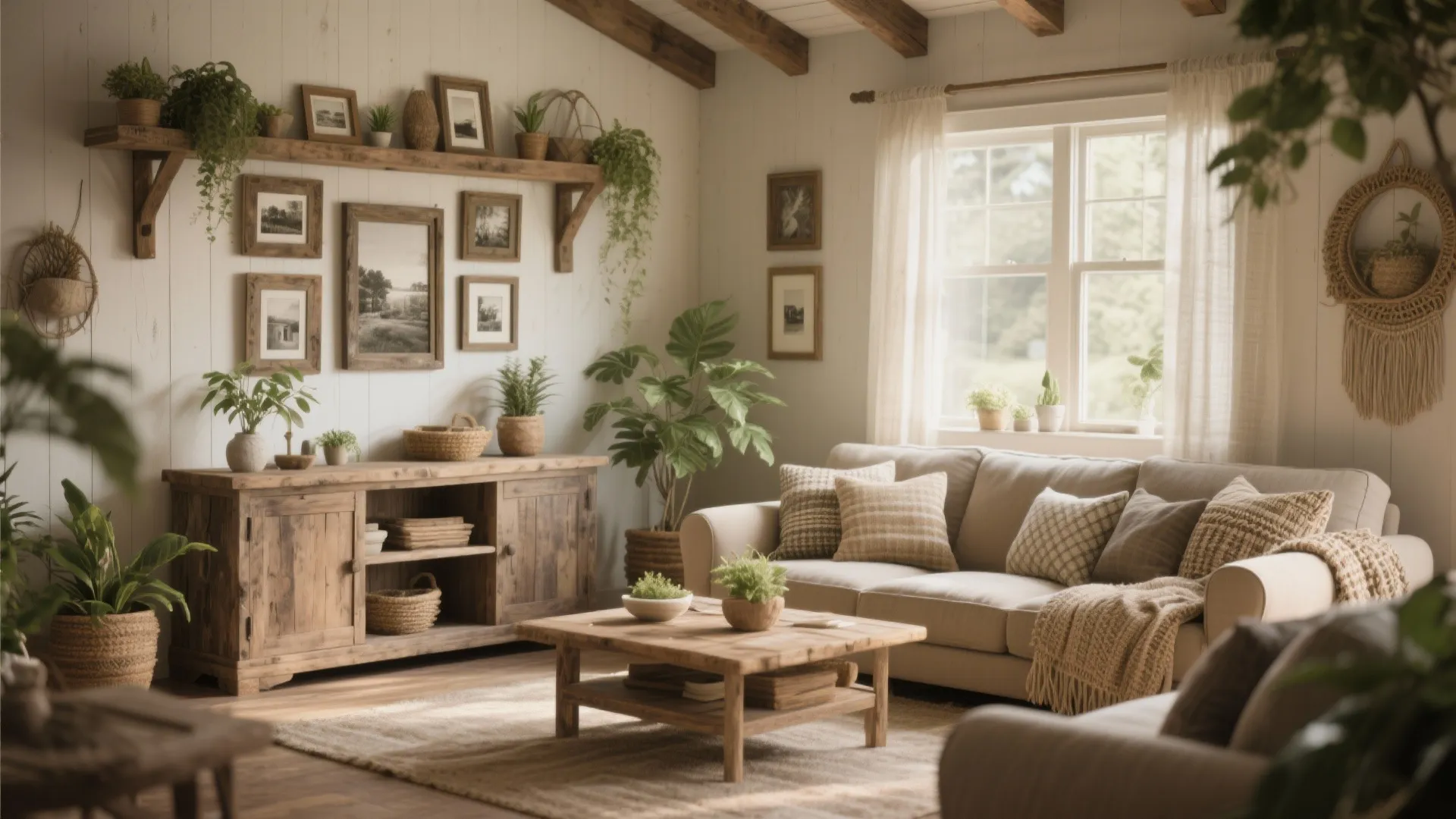 Rustic living room with beige sofa wooden coffee table plants and many pictures on the wall