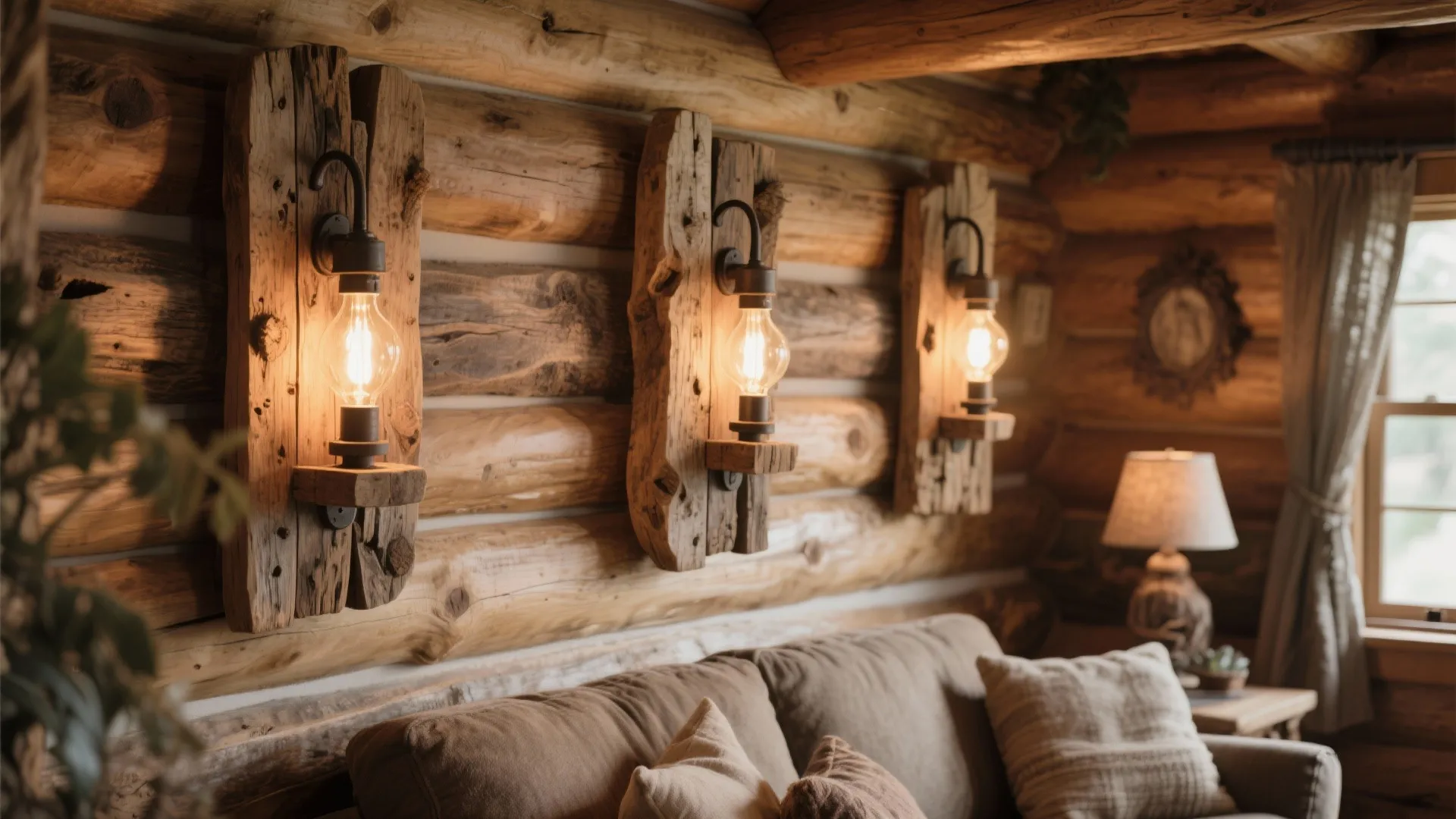 Rustic wooden wall sconces in a cozy cabin living room