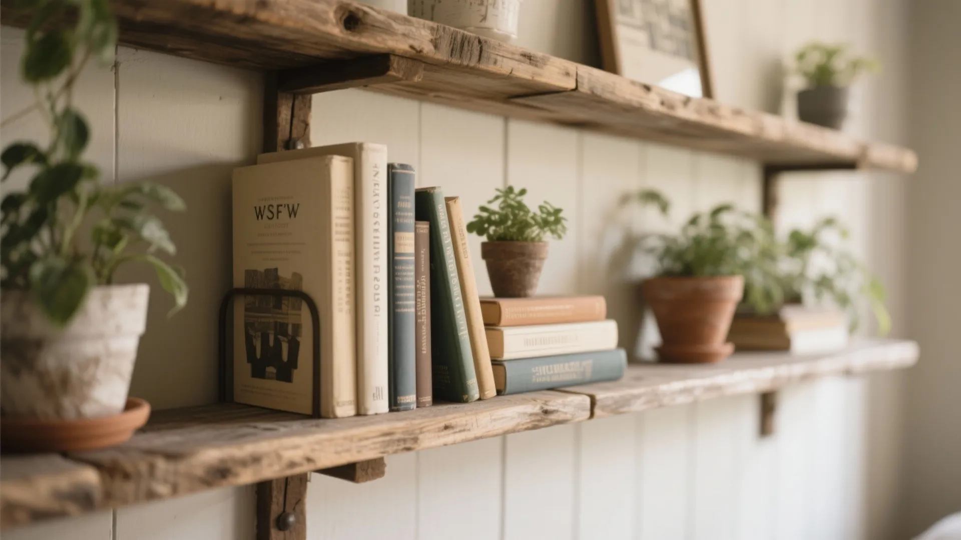 Rustic wooden wall shelves displaying plants and books