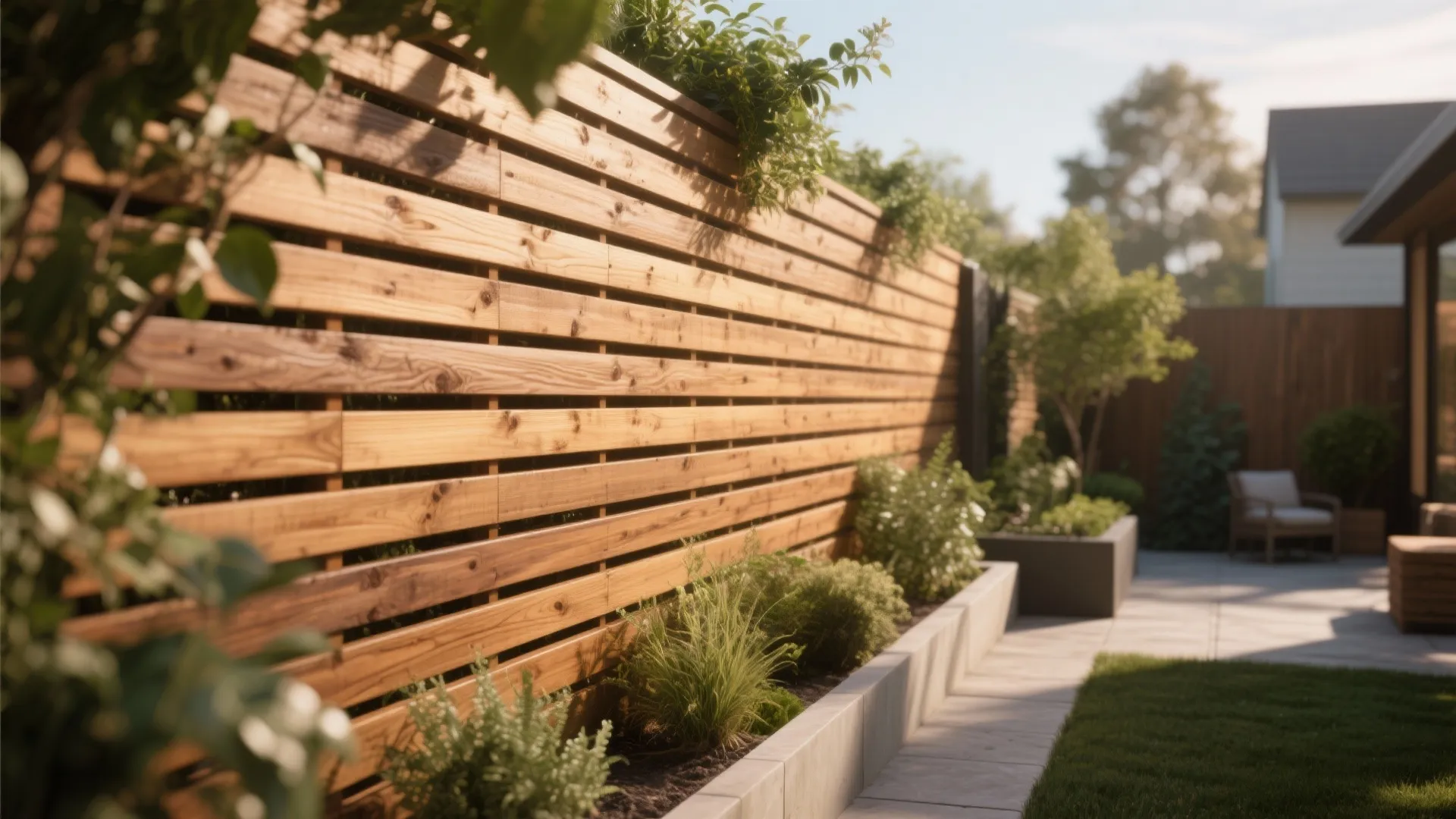 Long horizontal wooden fence in a sunny backyard garden with stone path and small green plants