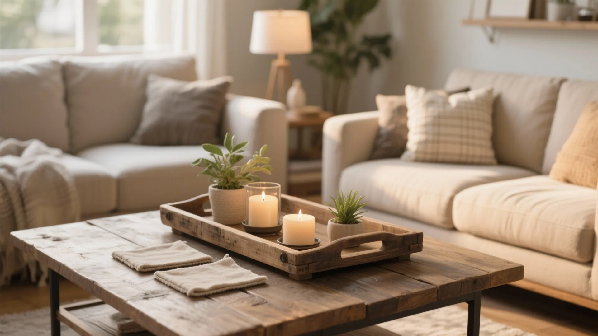 Rustic wooden tray holding two white candles and small plants on a natural wood table