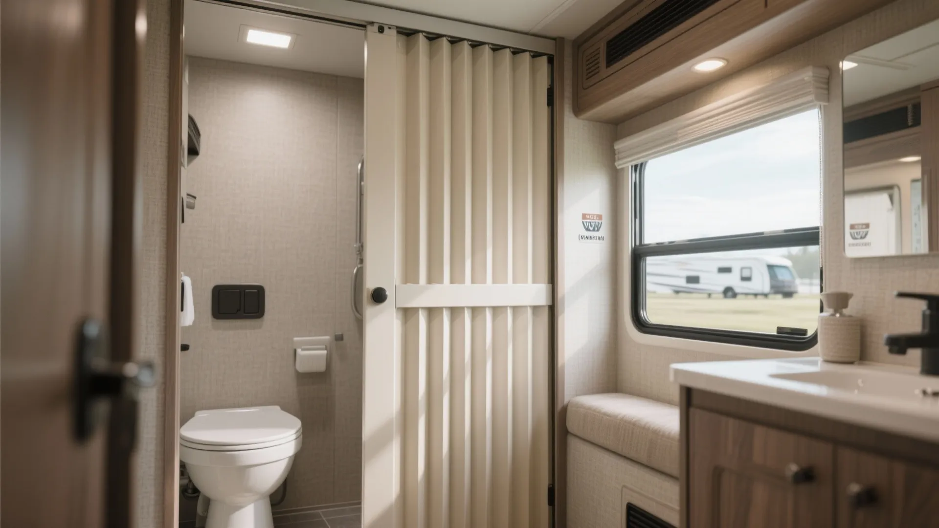 Accordion folding door in a small RV bathroom
