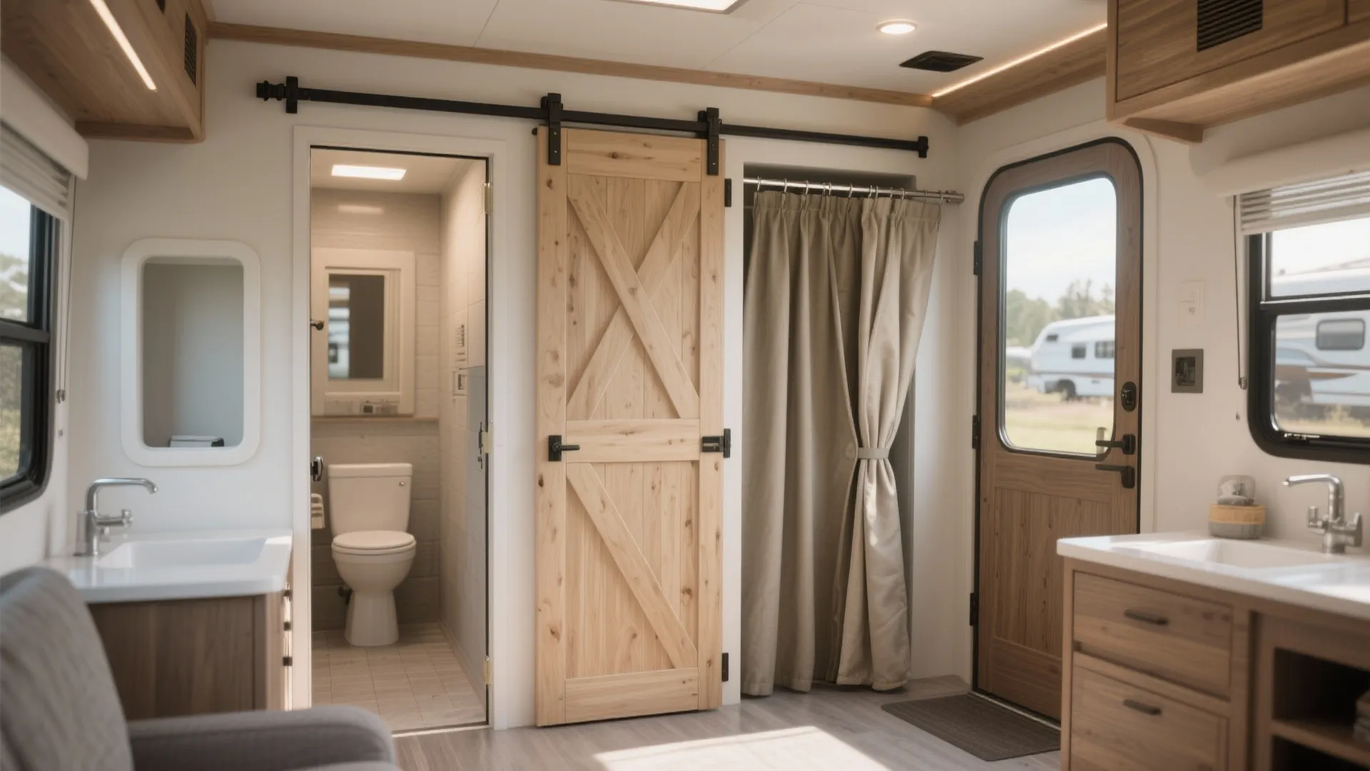 Interior of a motorhome showing a bathroom with toilet wooden sliding door and brown curtain