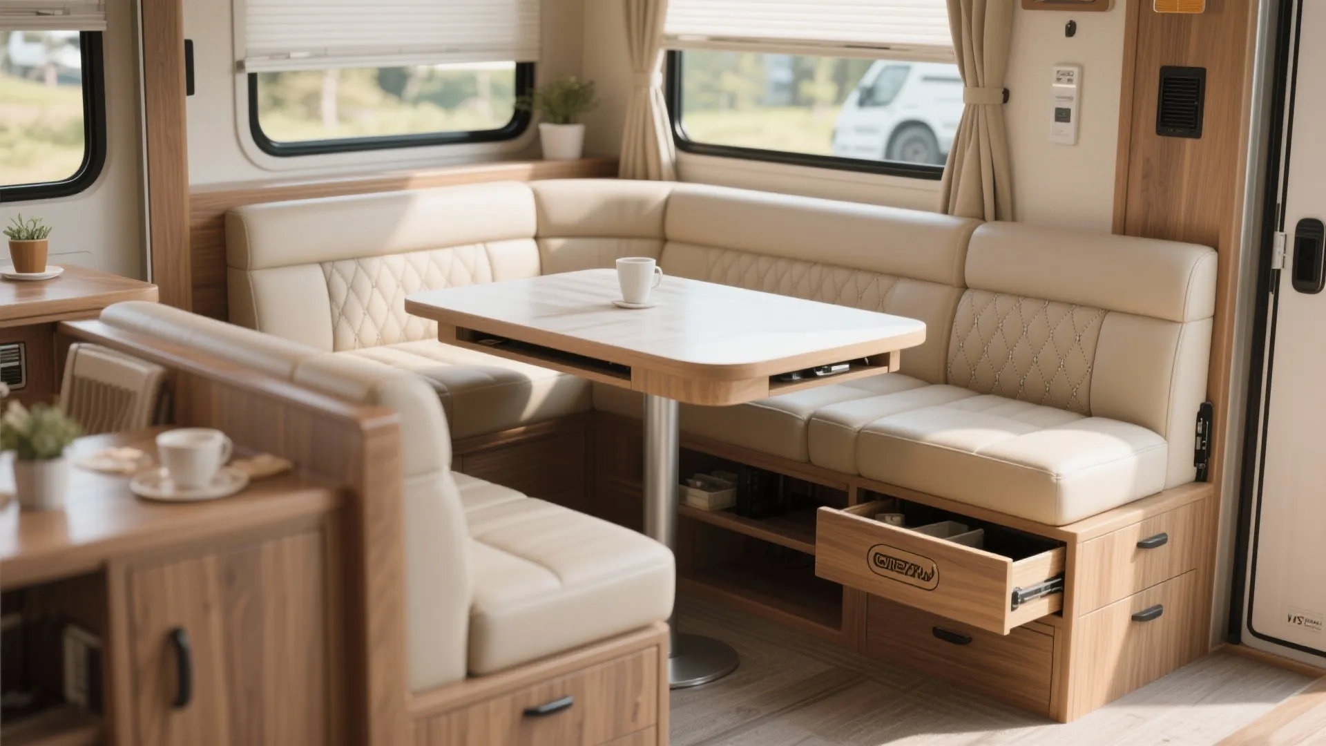 RV bench seating with pull-out table and storage