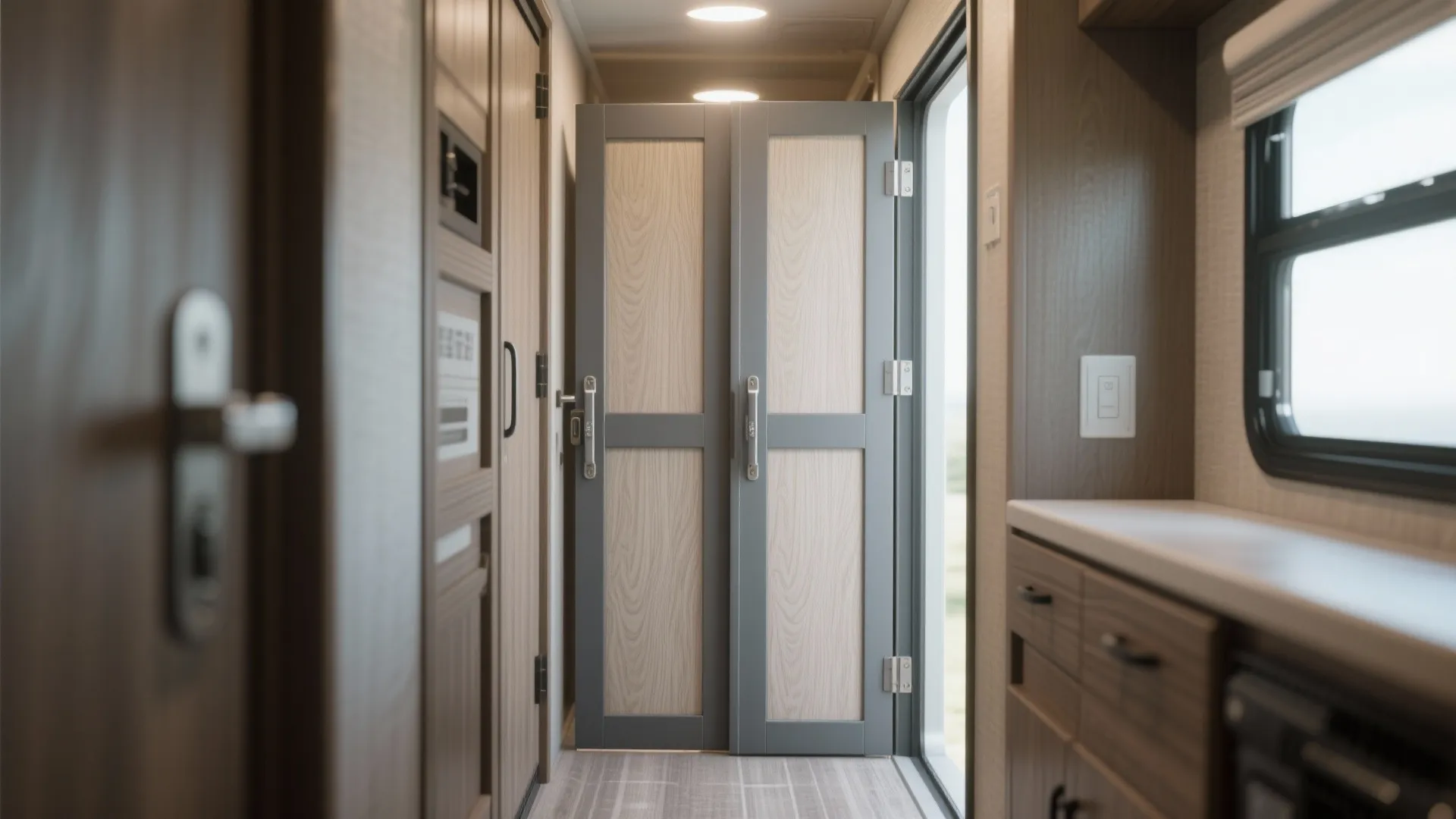 Grey and wood folding door in a narrow recreational vehicle hallway with light brown cabinets
