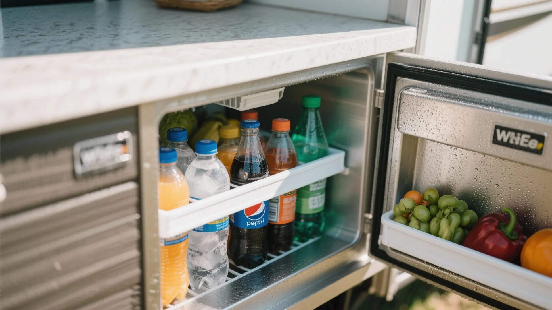 Compact built in refrigerator for mobile home filled with colorful drinks and fresh fruit grapes