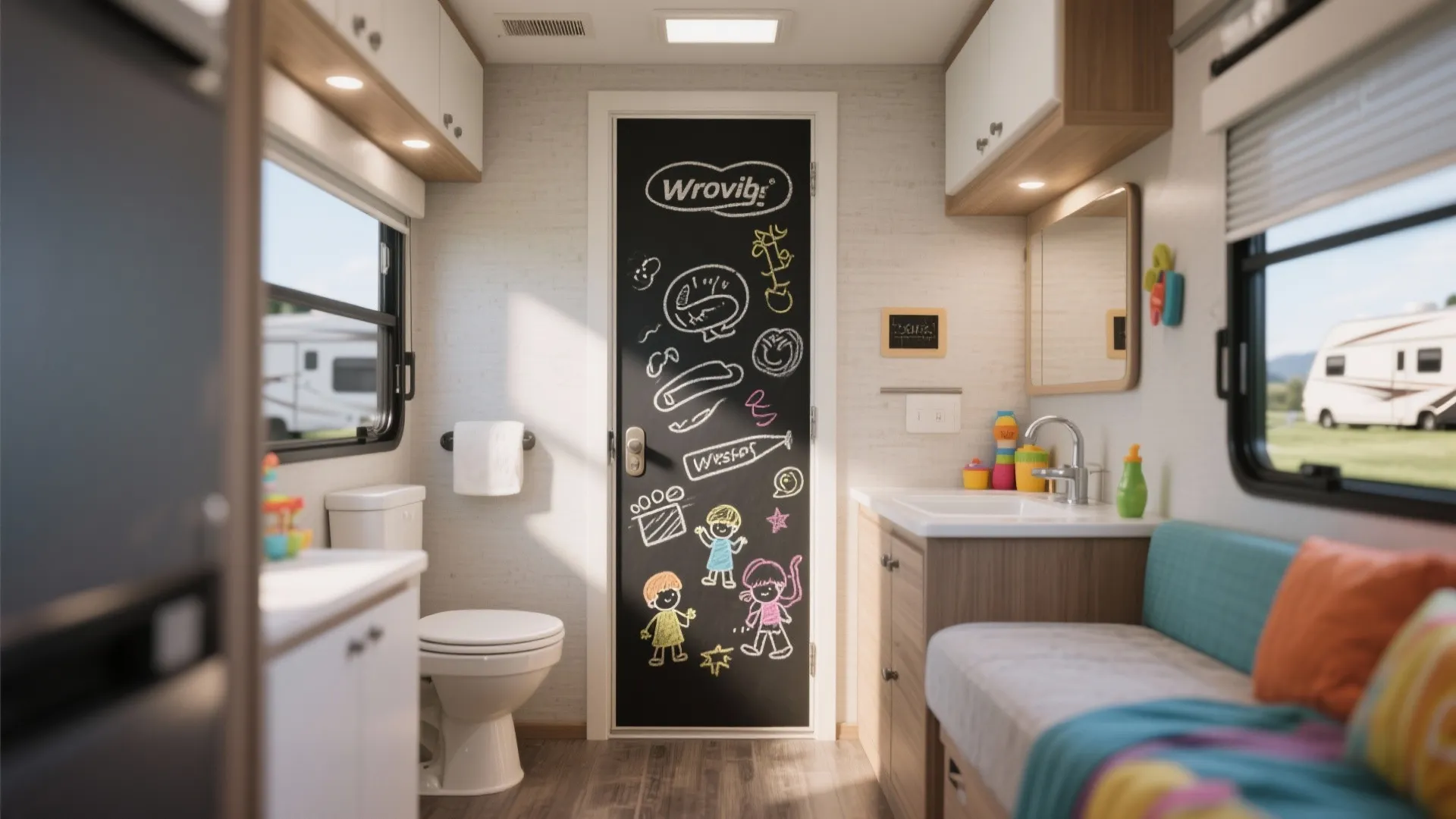 Playful RV bathroom door with magnetic chalkboard surface