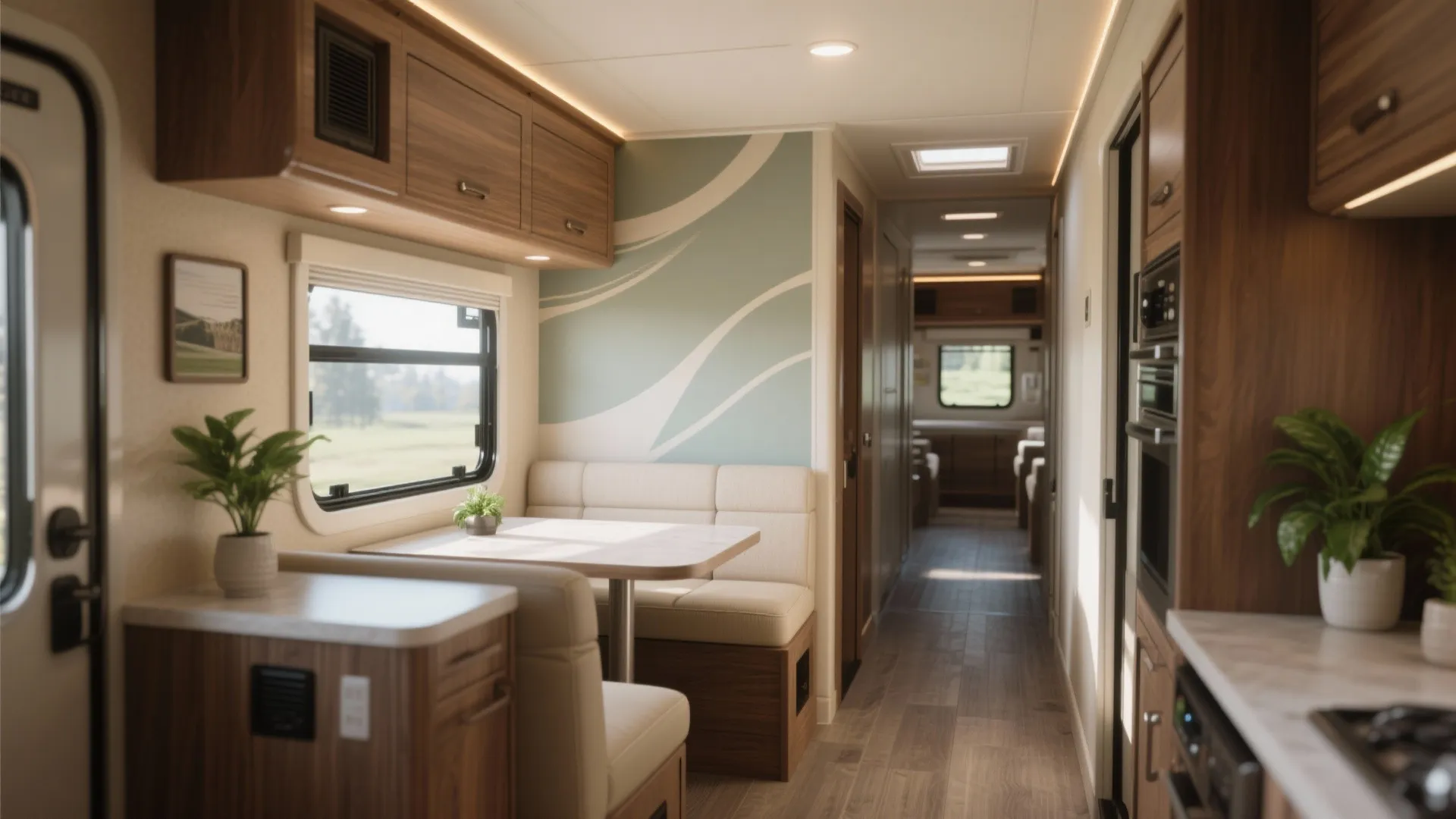 Small RV interior showing warm neutral walls and an accent wall that visually widens the space