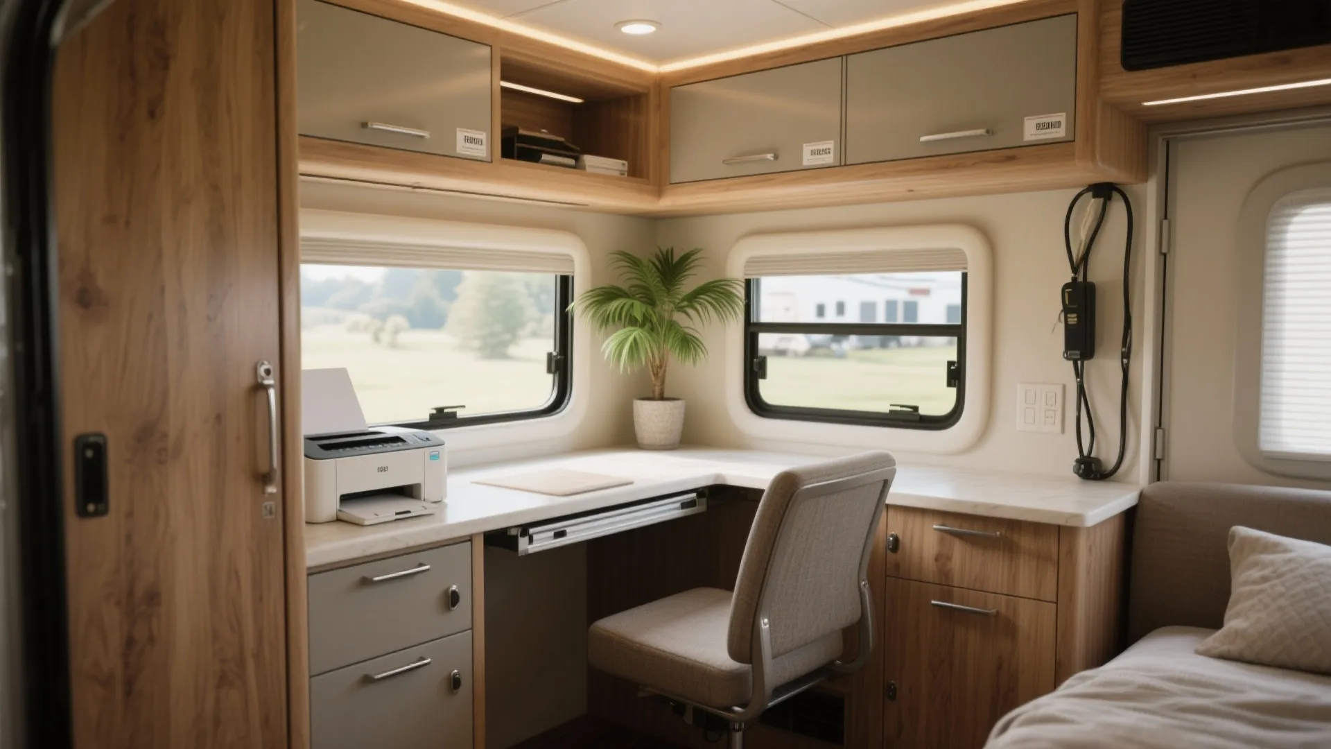 Compact RV office interior design drawing with desk chair printer wooden cabinets and two windows