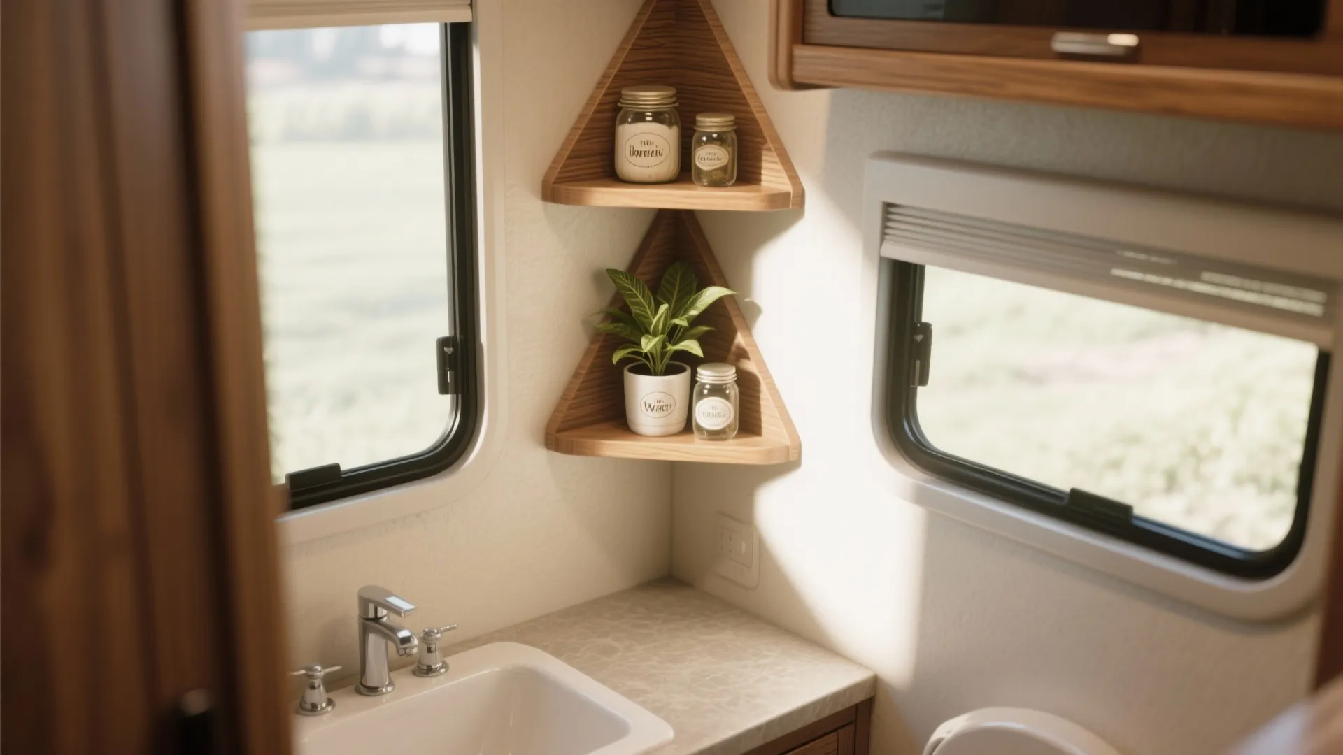 Corner shelves in RV bathroom with plants and jars