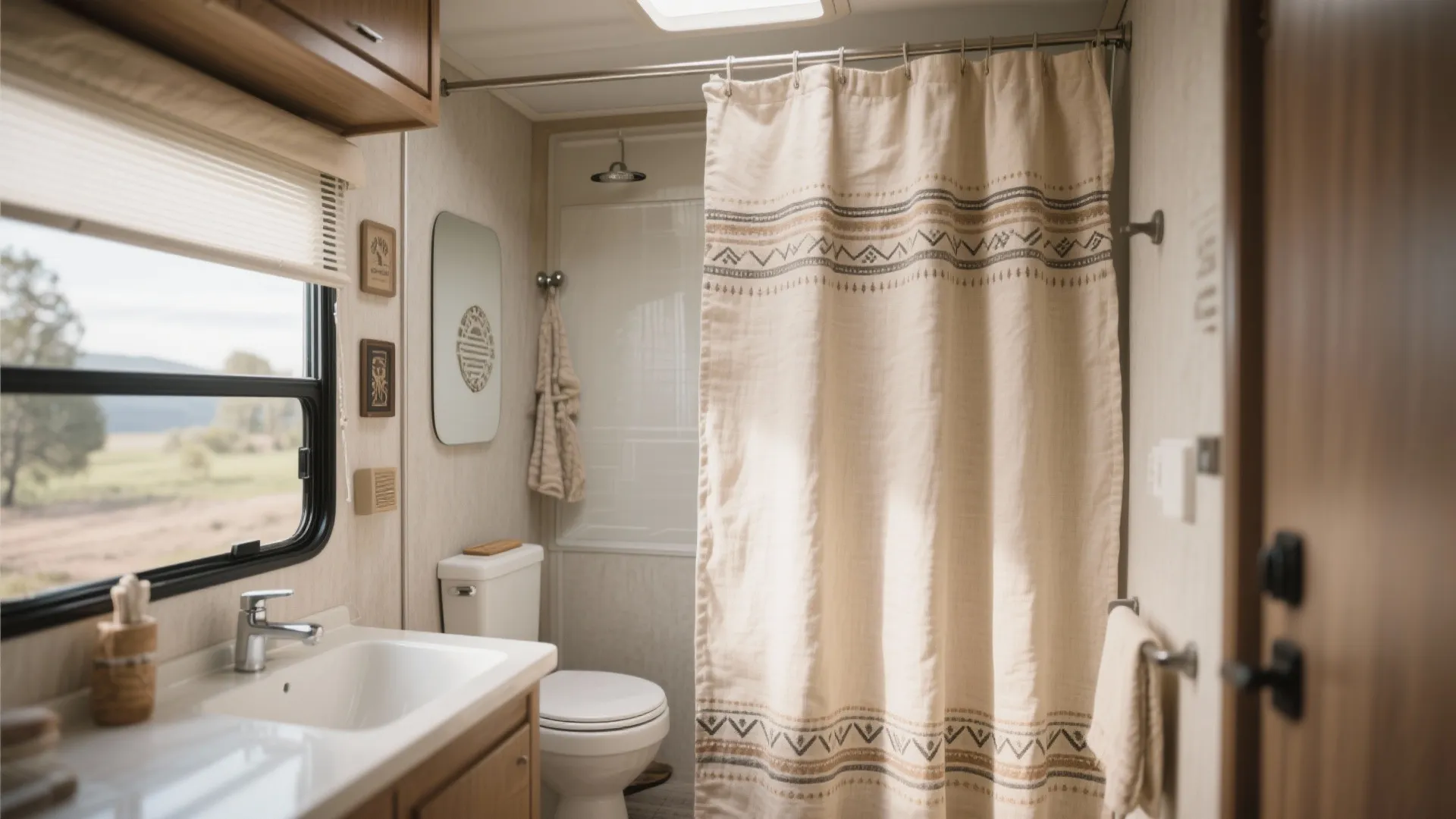 Stylish boho RV bathroom with a curtain divider