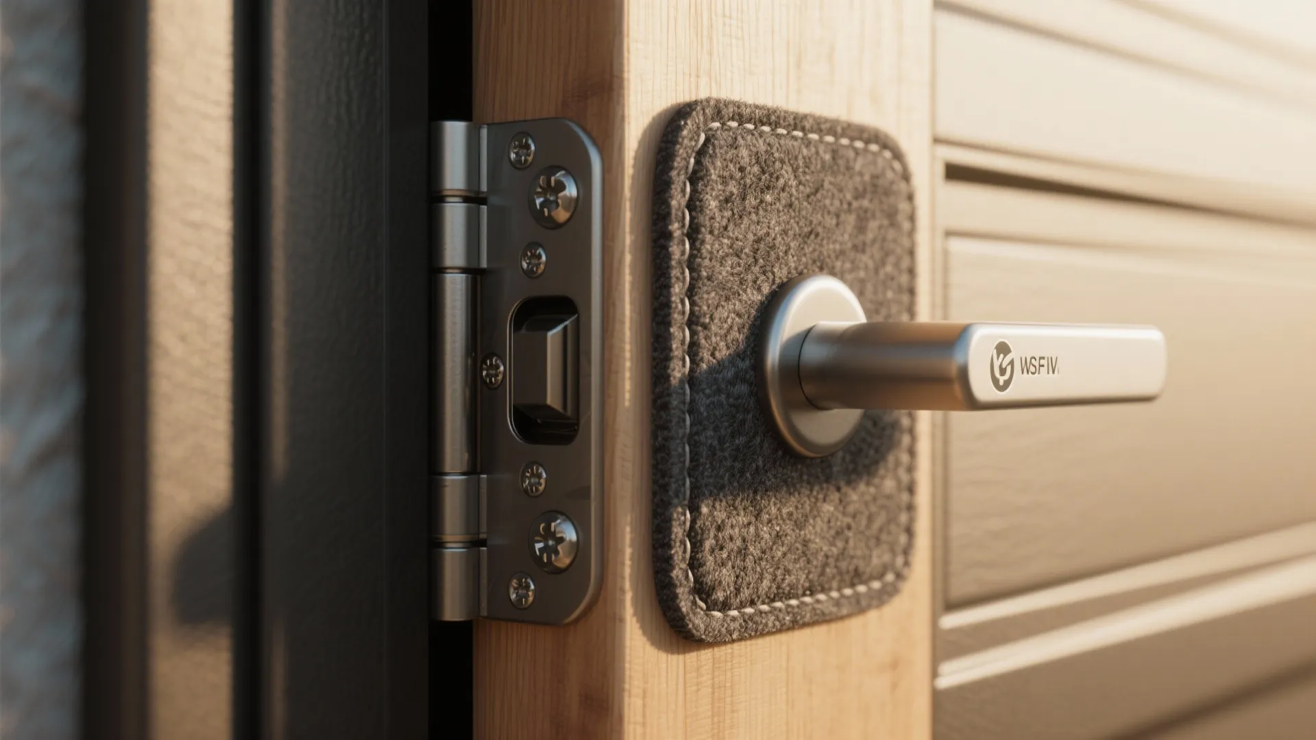 Silver metal door handle and hinge mounted on light wood frame with grey felt padding