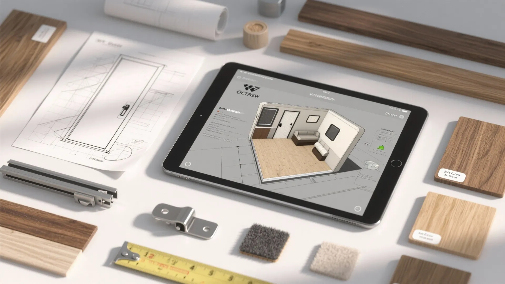 Tablet showing interior design drawing surrounded by wood samples sketches and metal door hardware tools