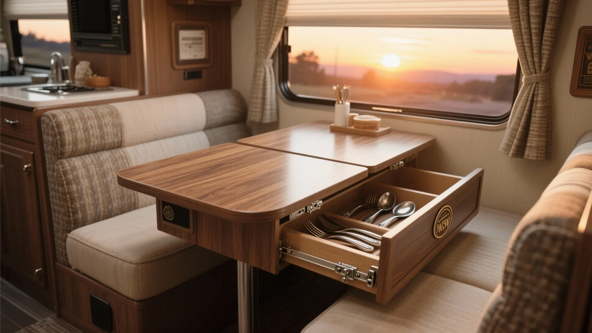 Vintage drop-leaf dining table with hidden storage in RV