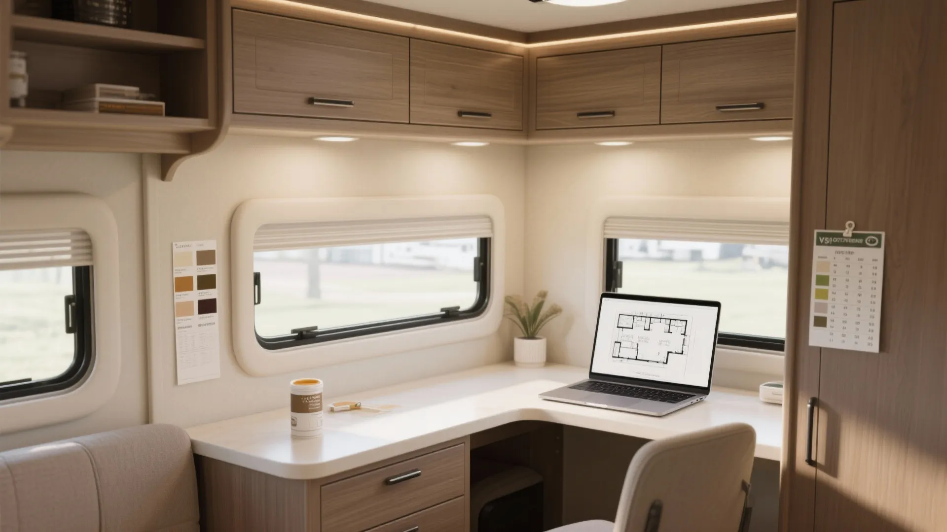 Finished RV interior with laptop showing a floorplan mockup and paint swatches, demonstrating planning and finished results