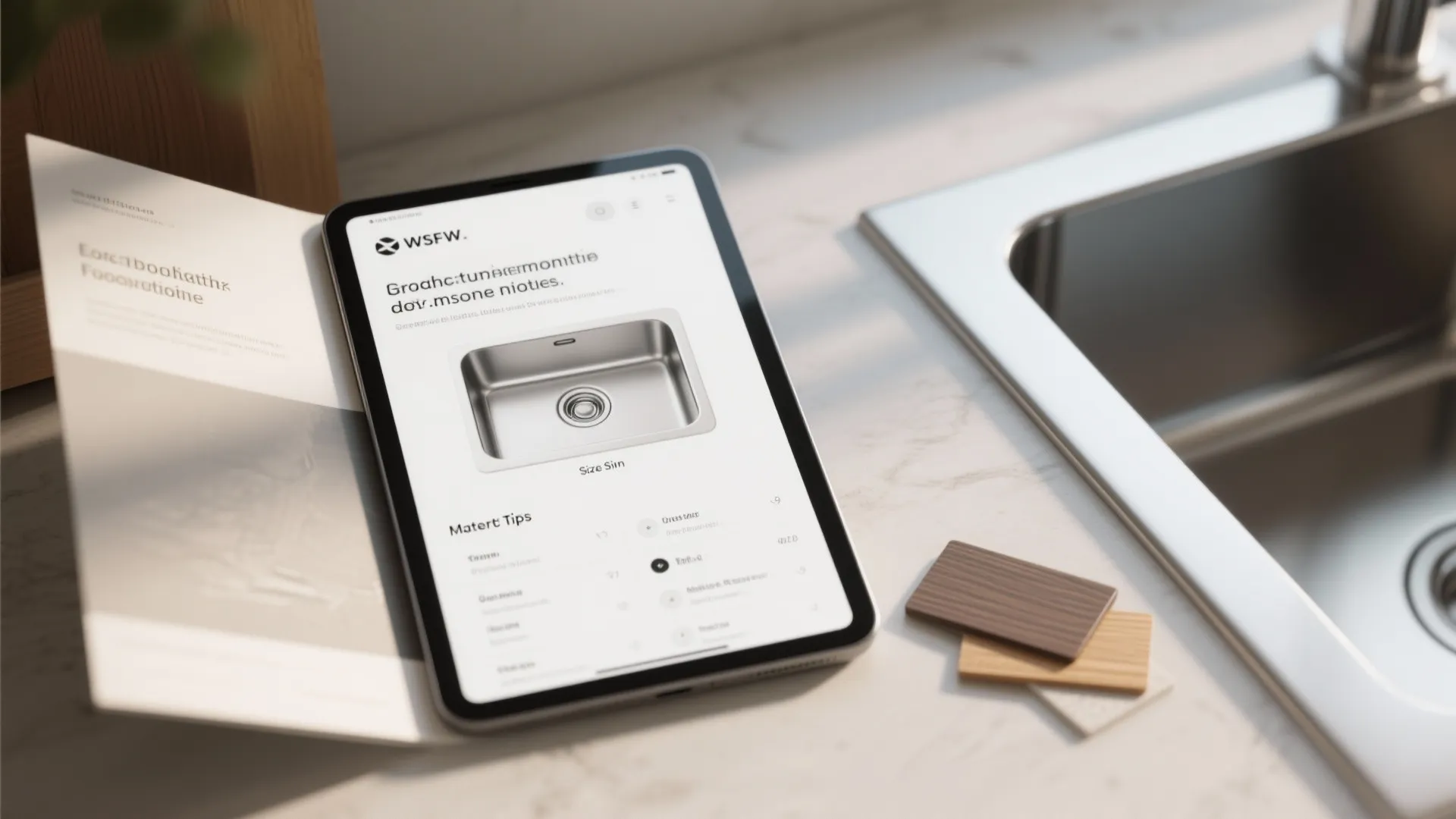 FAQ display with sink size and material samples like stainless edge and marine plywood.