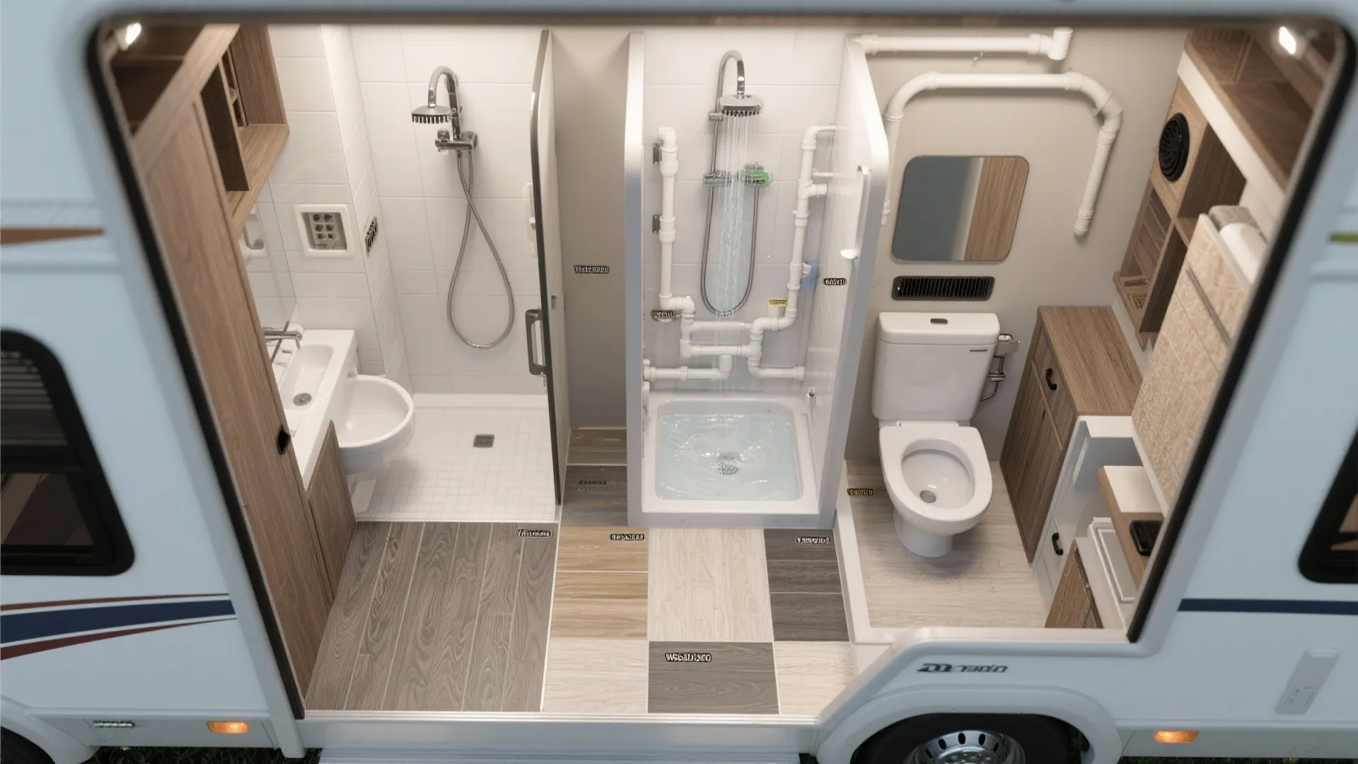 Top-down 3D floor planner view of a 20-foot RV showing two bathroom layout options and material swatches