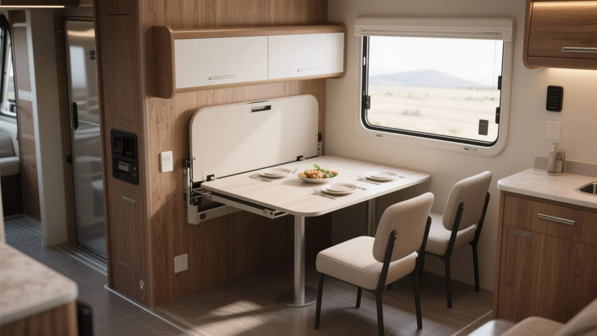 Interior of recreational vehicle featuring a wooden fold down dining table with two white chairs