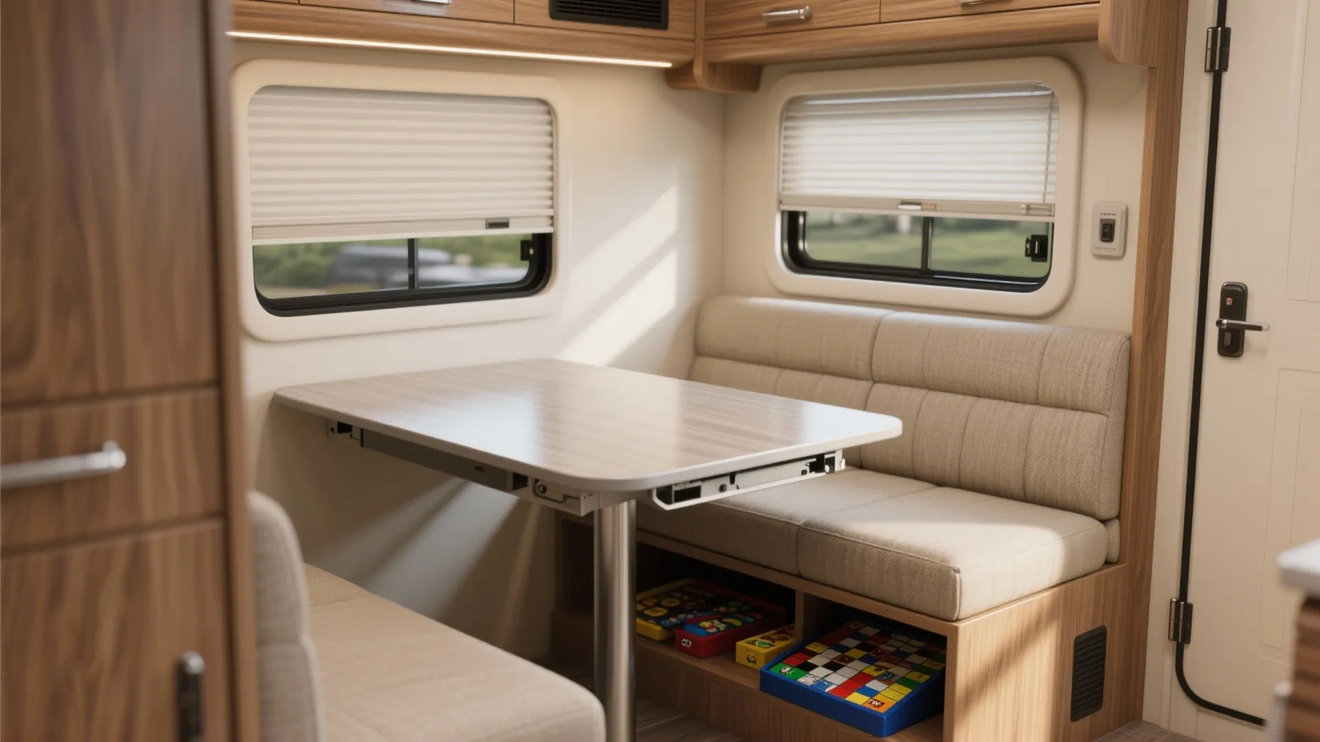 Wall-mounted folding table in RV with hidden shelf storage