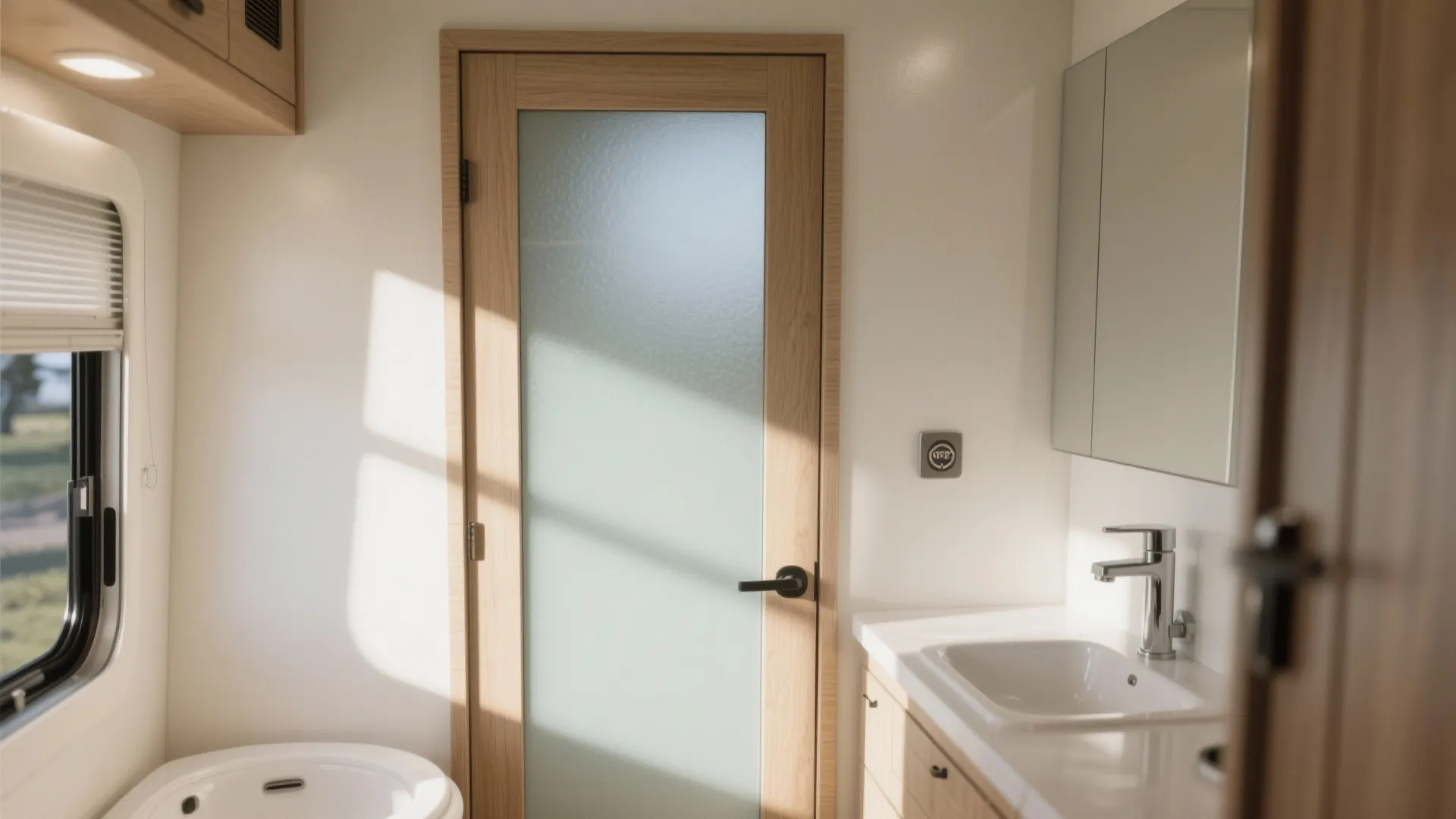 Frosted glass RV bathroom door allowing light yet ensuring privacy